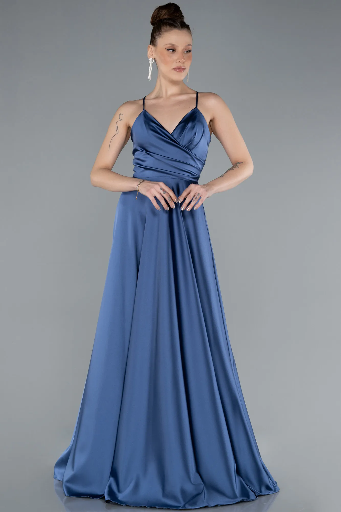 Indigo-Strappy Long Satin Prom Gown ABU3610