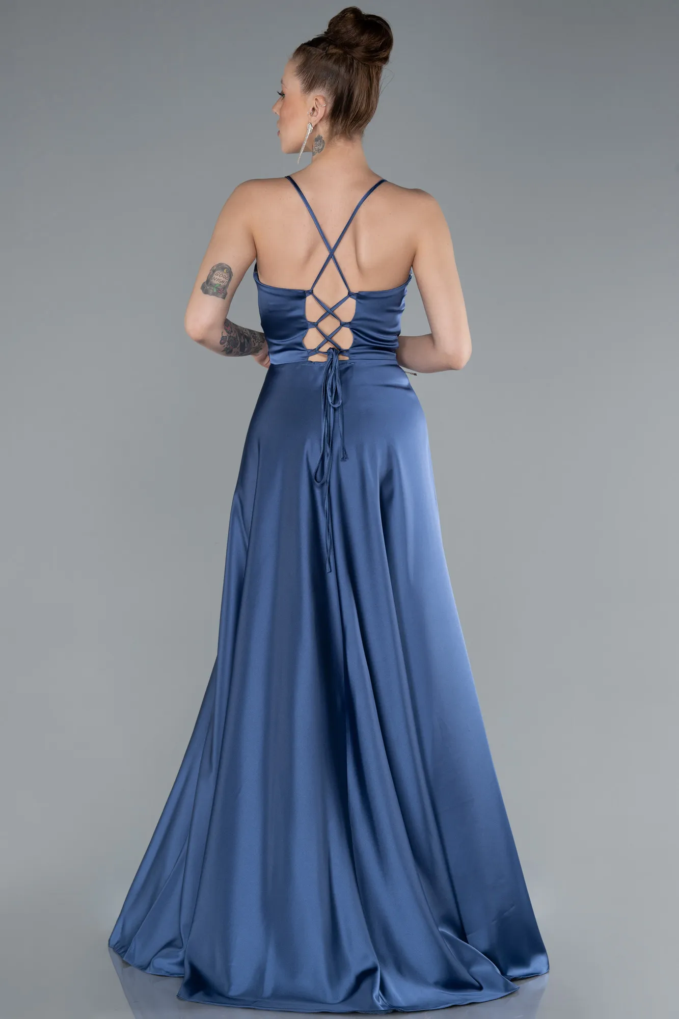 Indigo-Strappy Long Satin Prom Gown ABU3610