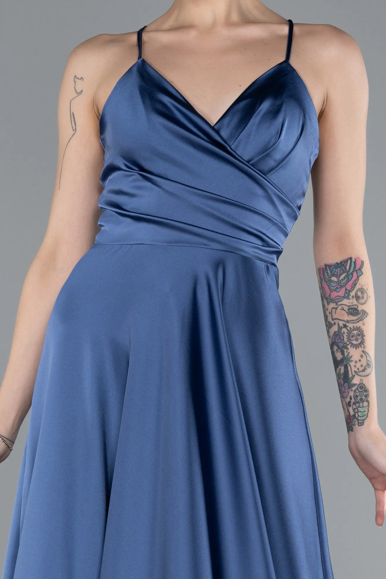 Indigo-Strappy Long Satin Prom Gown ABU3610