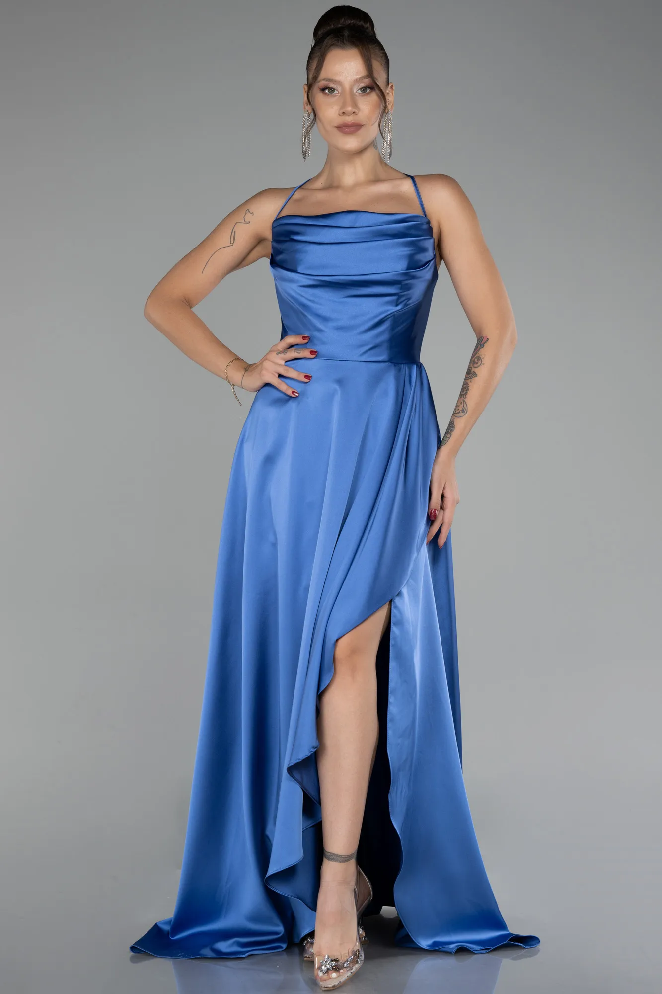 Indigo-Strappy Long Satin Prom Gown ABU4073