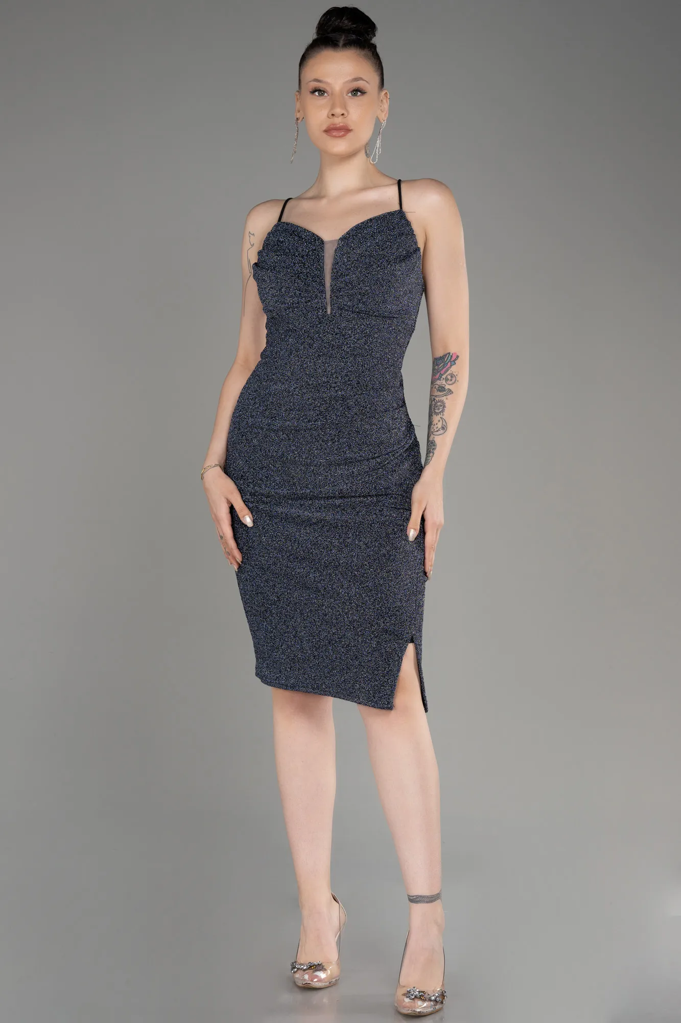 Indigo-Strappy Short Silvery Cocktail Dress ABK2069
