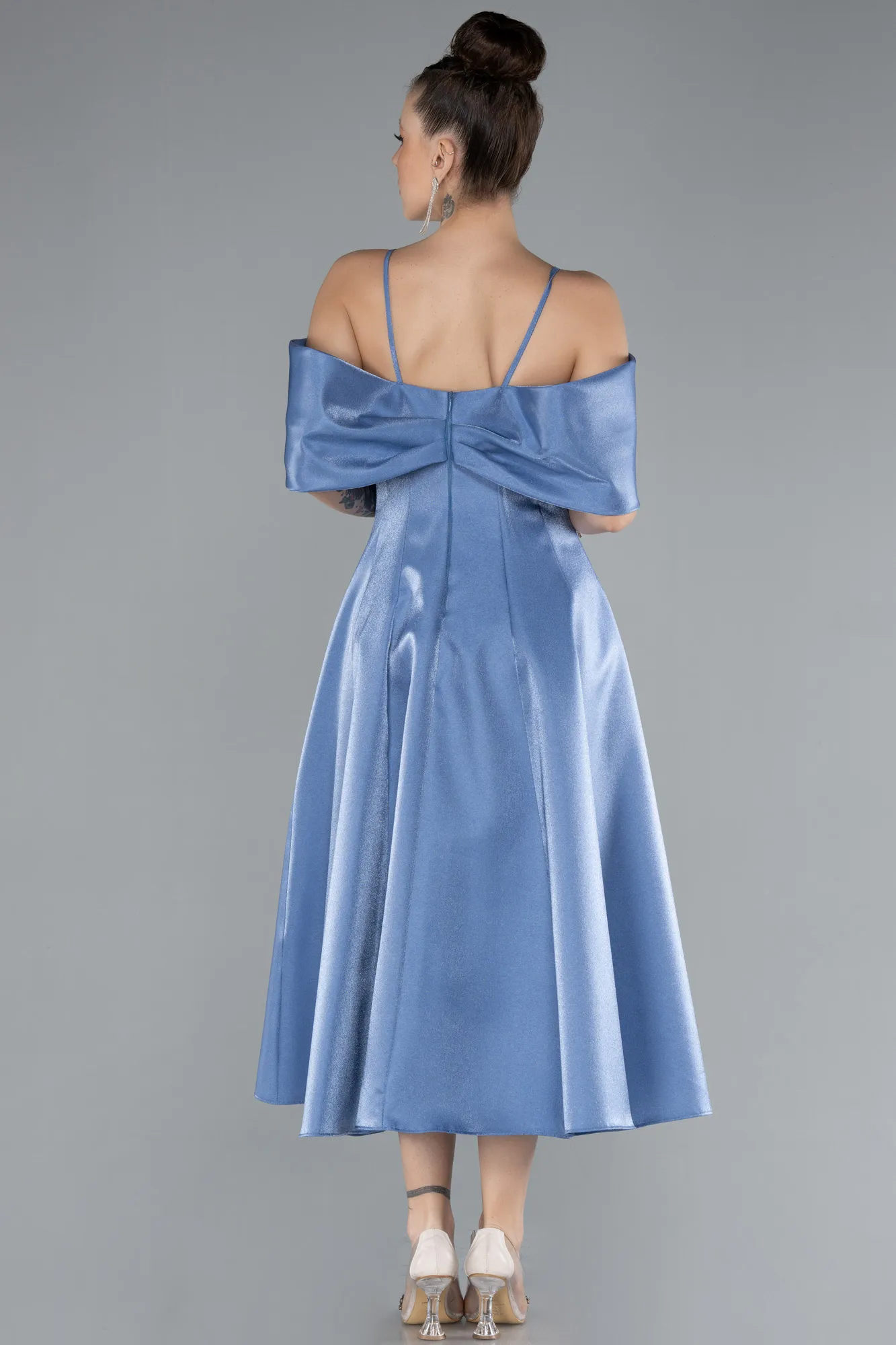 Indigo-Strappy Shoulder Cut Midi Invitation Dress ABK2204