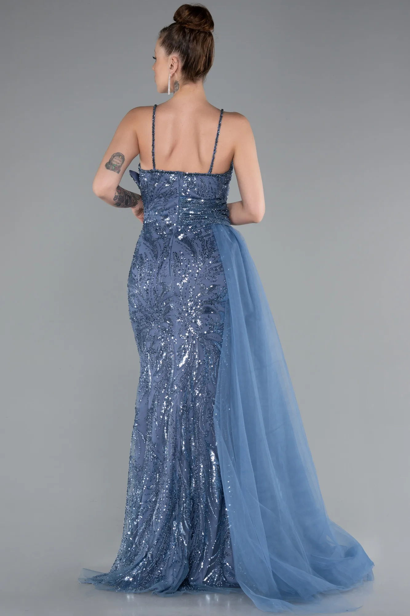 Indigo-Strappy Tail Long Beaded Special Design Evening Dress ABU5003