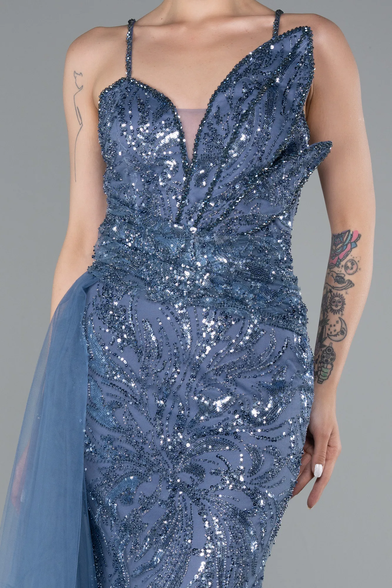 Indigo-Strappy Tail Long Beaded Special Design Evening Dress ABU5003