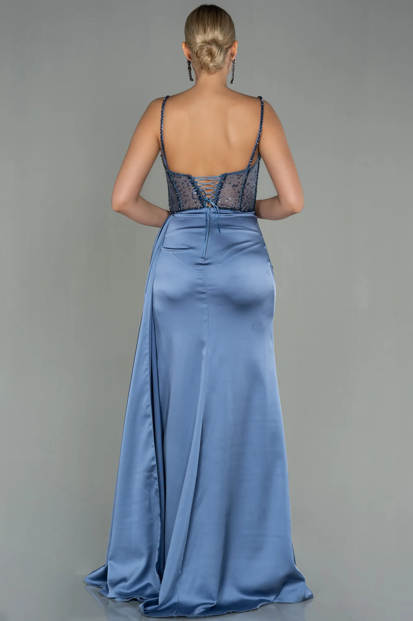 Indigo-Transparent Slit Long Satin Evening Gown ABU3030