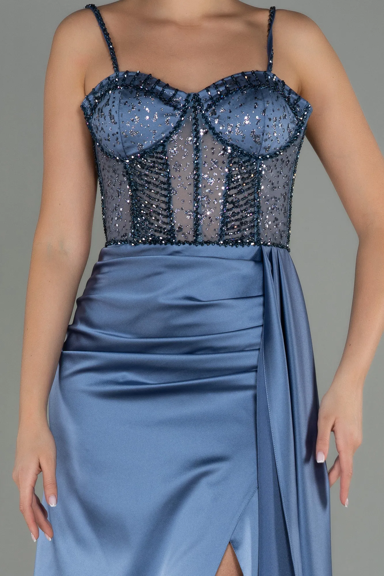 Indigo-Transparent Slit Long Satin Evening Gown ABU3030