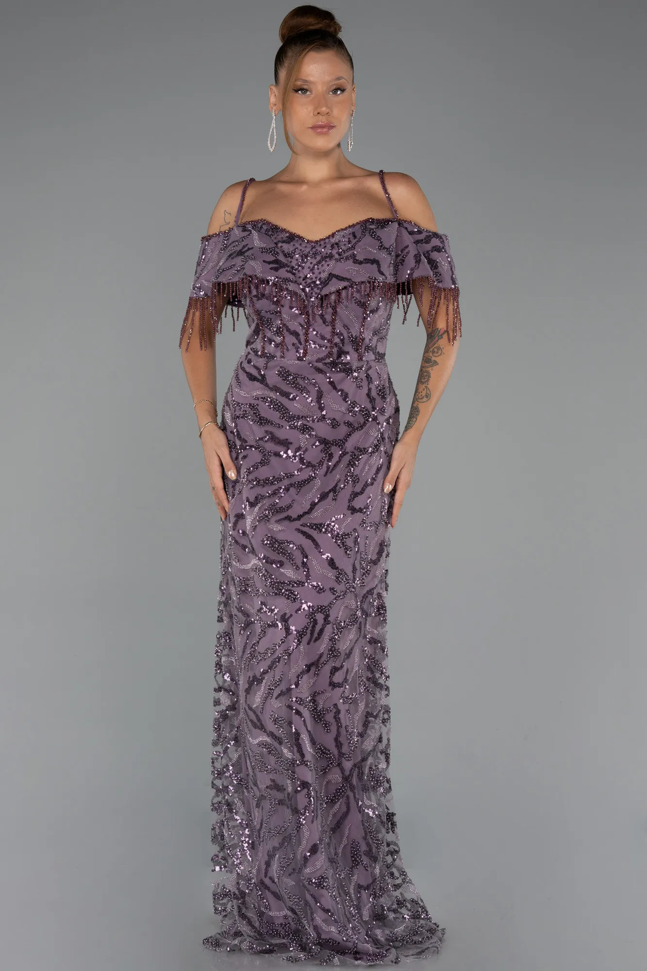 Lavender-Long Beaded Plus Size Evening Gown ABU5326