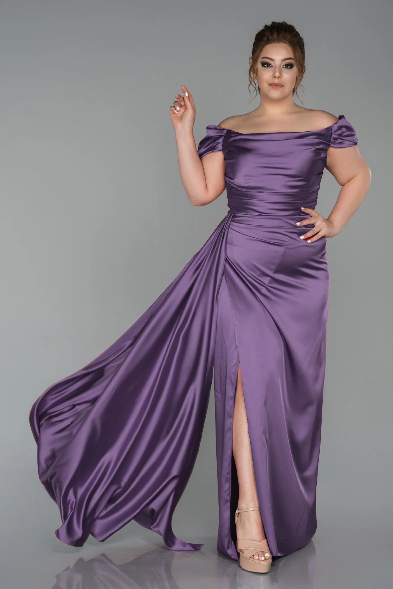Lavender-Long Satin Plus Size Evening Dress ABU1626