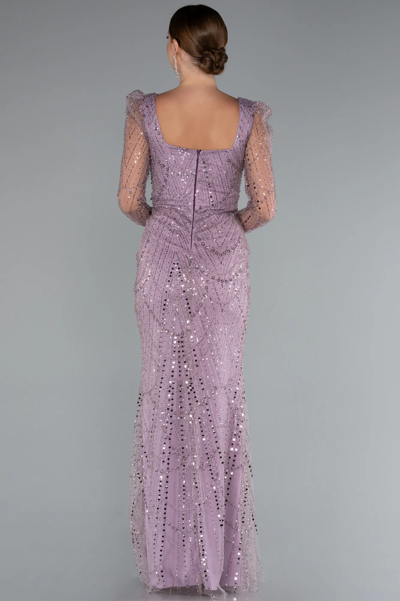 Lavender-Long Sleeve Stone Embellished Satin Train Evening Dress ABU4603