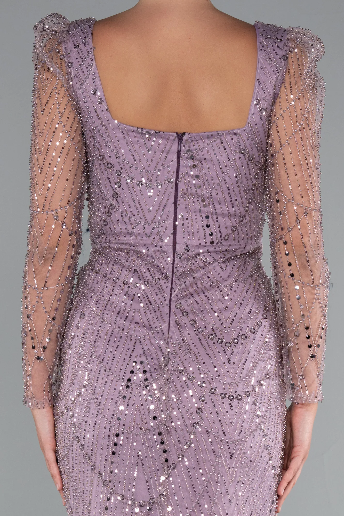 Lavender-Long Sleeve Stone Embellished Satin Train Evening Dress ABU4603