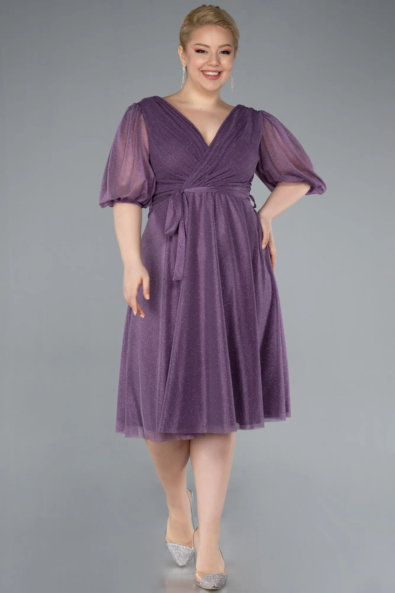 Lavender-Short Sleeve Glitter Midi Plus Size Invatation Dress ABK2135