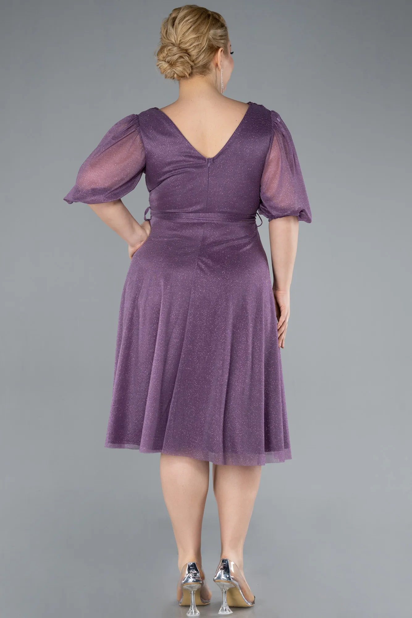 Lavender-Short Sleeve Glitter Midi Plus Size Invatation Dress ABK2135
