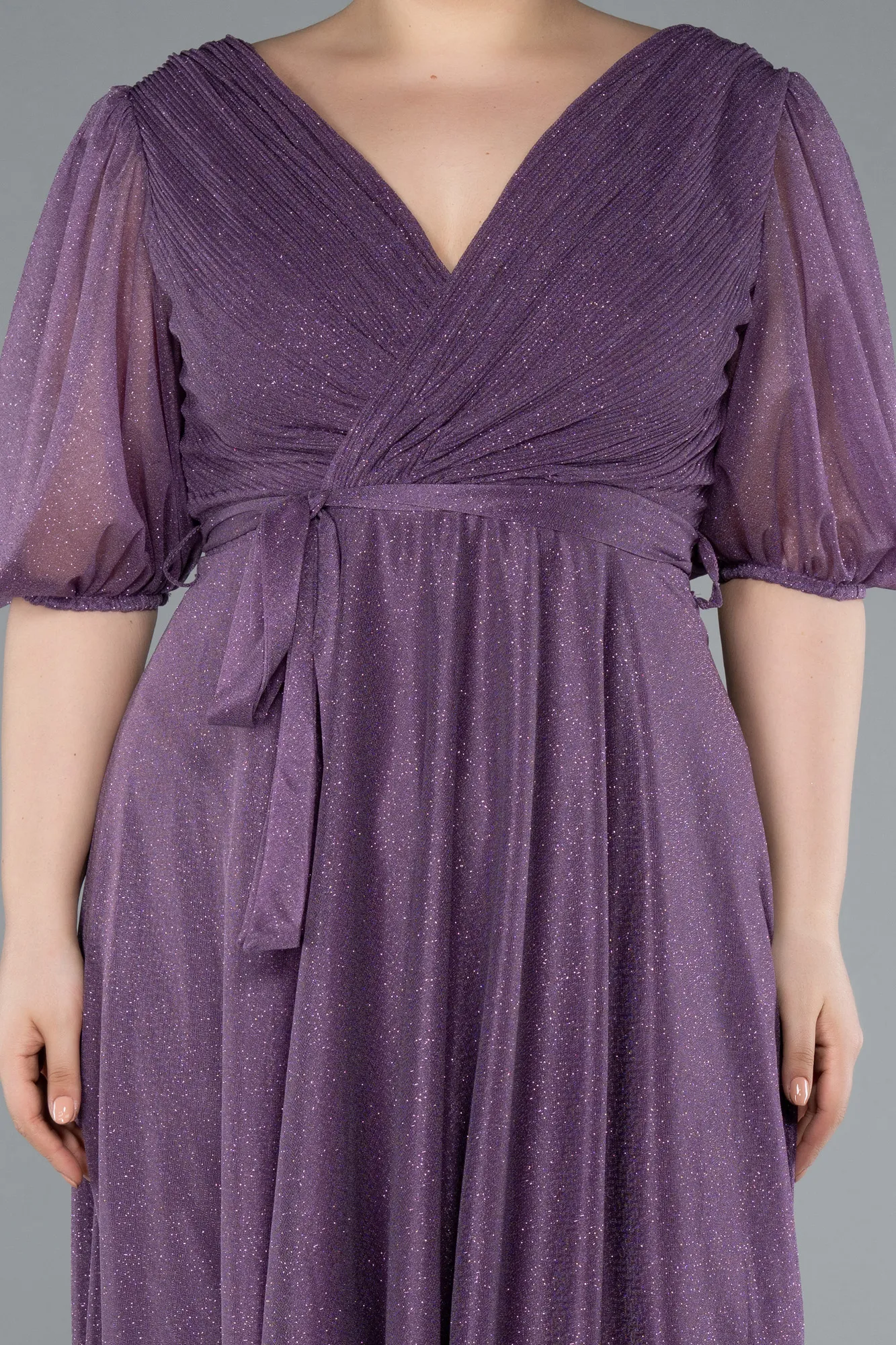 Lavender-Short Sleeve Glitter Midi Plus Size Invatation Dress ABK2135