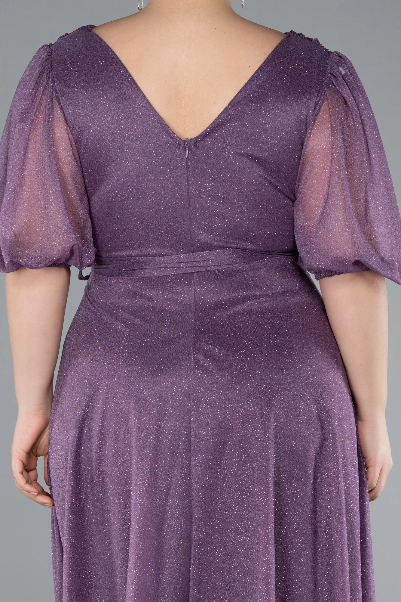 Lavender-Short Sleeve Glitter Midi Plus Size Invatation Dress ABK2135