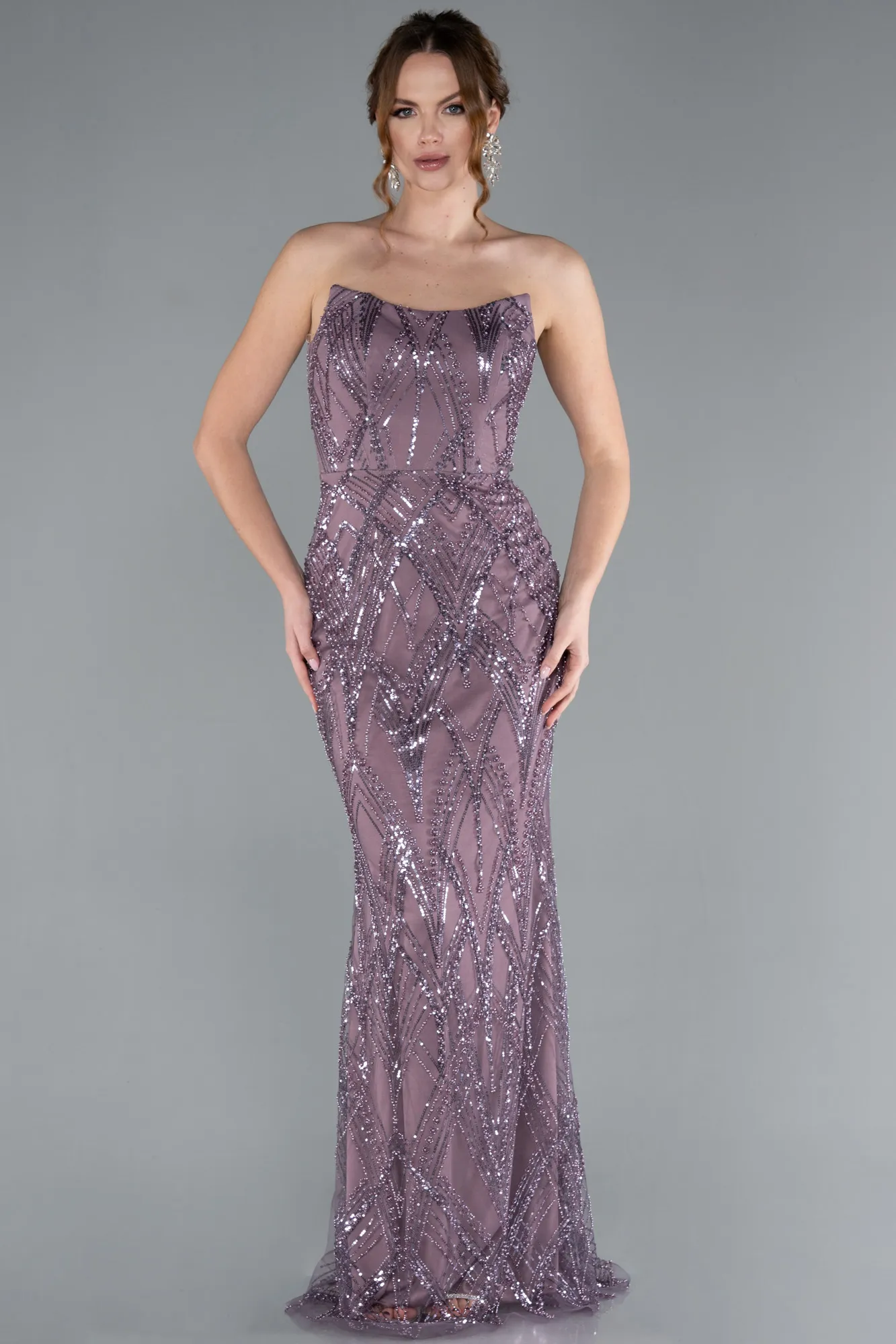 Lavender-Strapless Beaded Long Evening Gown ABU4775