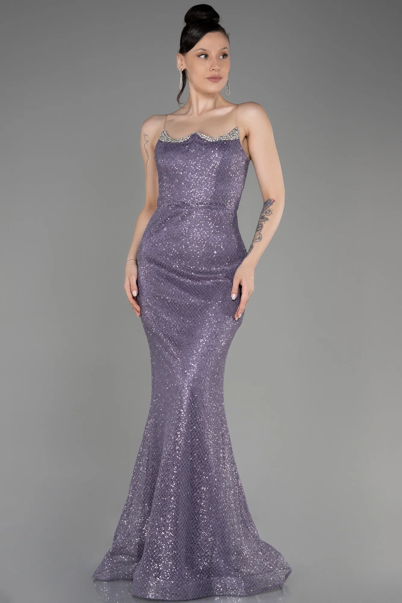 Lavender-Strapless Scaly Long Mermaid Evening Dress ABU3850