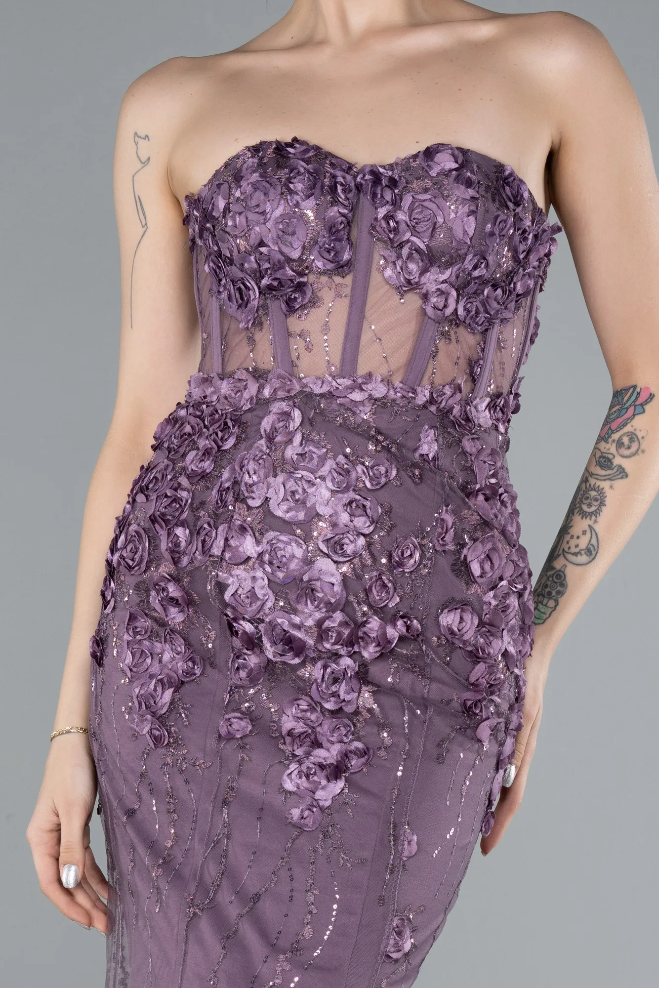 Lavender-Strapless Three Dimensional Floral Long Mermaid Evening Gown ABU5571