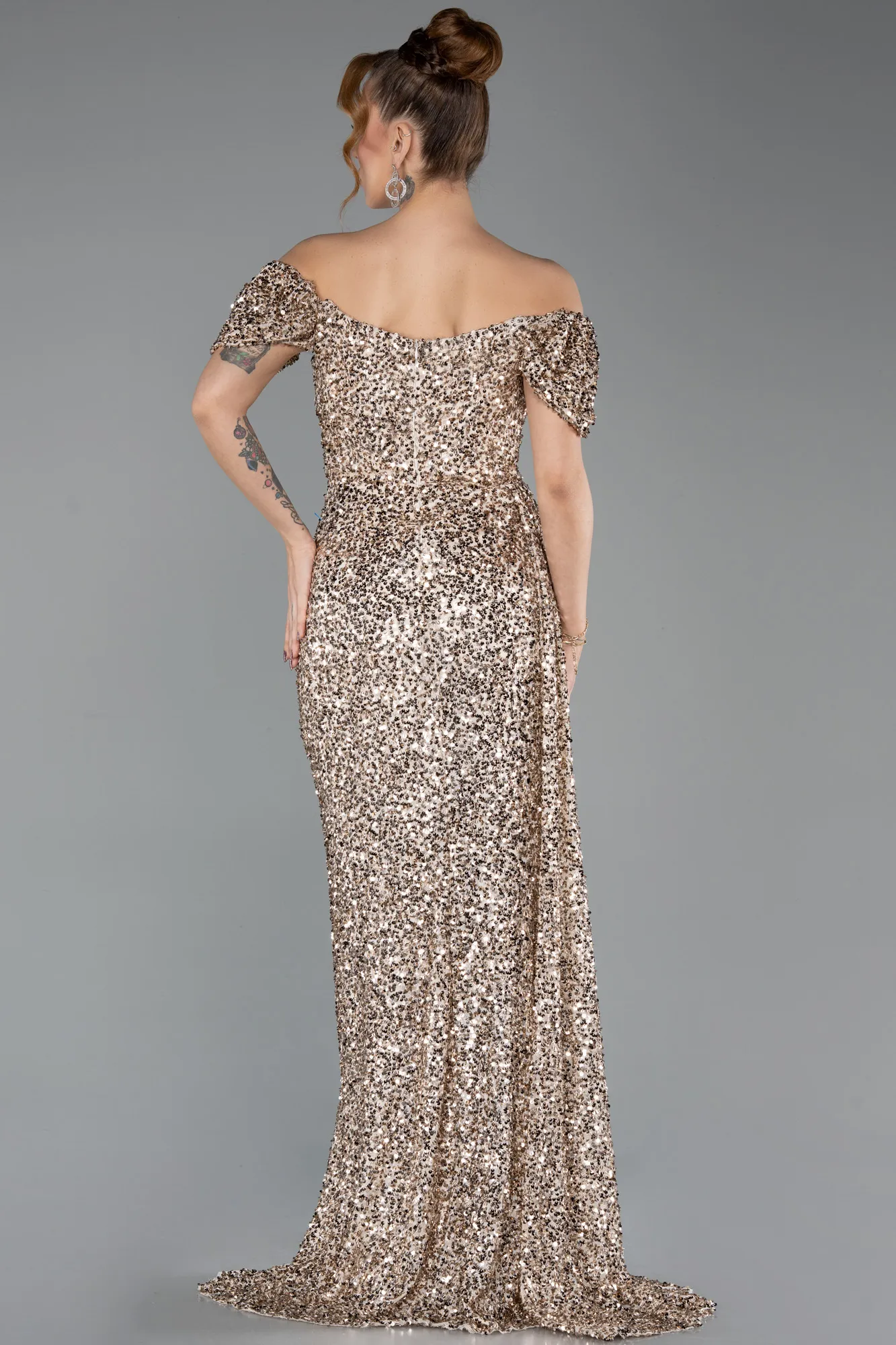 Light Gold-Boat Neck Slit Long Sequin Evening Gown ABU4843