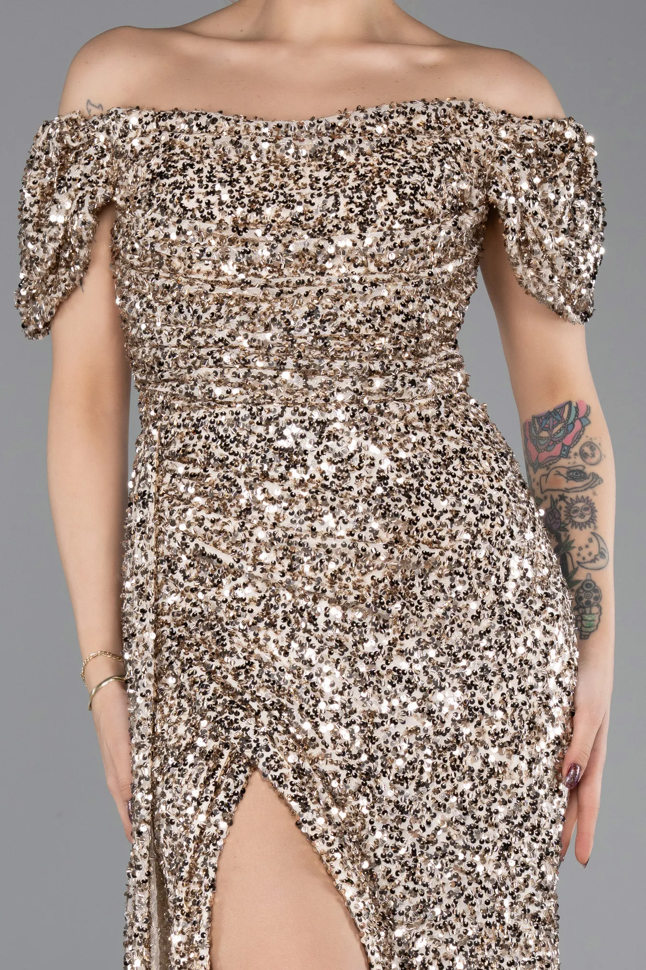 Light Gold-Boat Neck Slit Long Sequin Evening Gown ABU4843