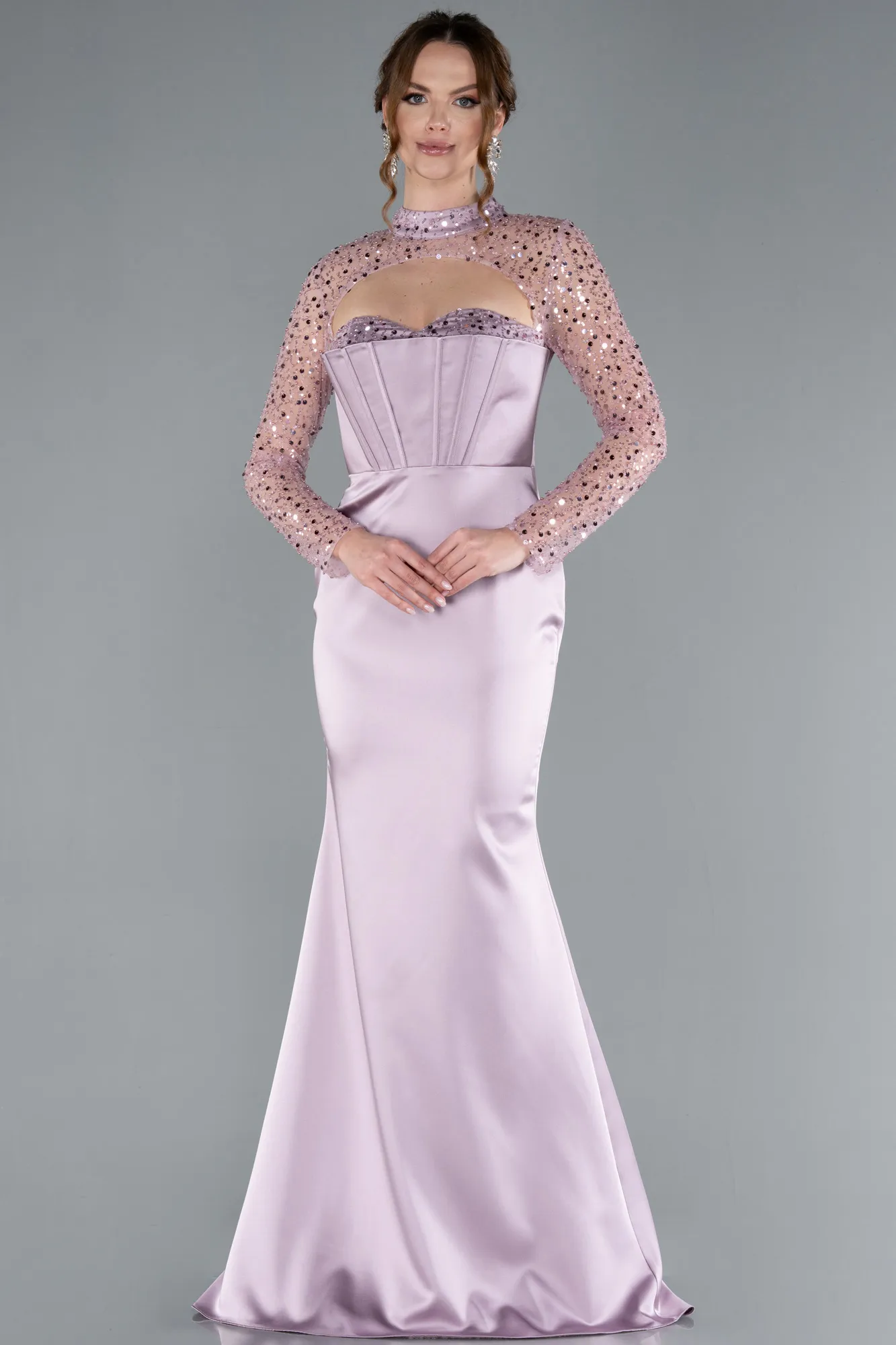 Light Lavender-Long Sleeve Bustier Detailed Sequin Train Satin Evening Gown ABU4765
