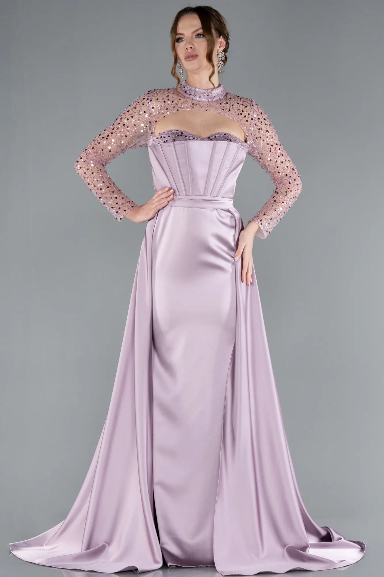 Light Lavender-Long Sleeve Bustier Detailed Sequin Train Satin Evening Gown ABU4765