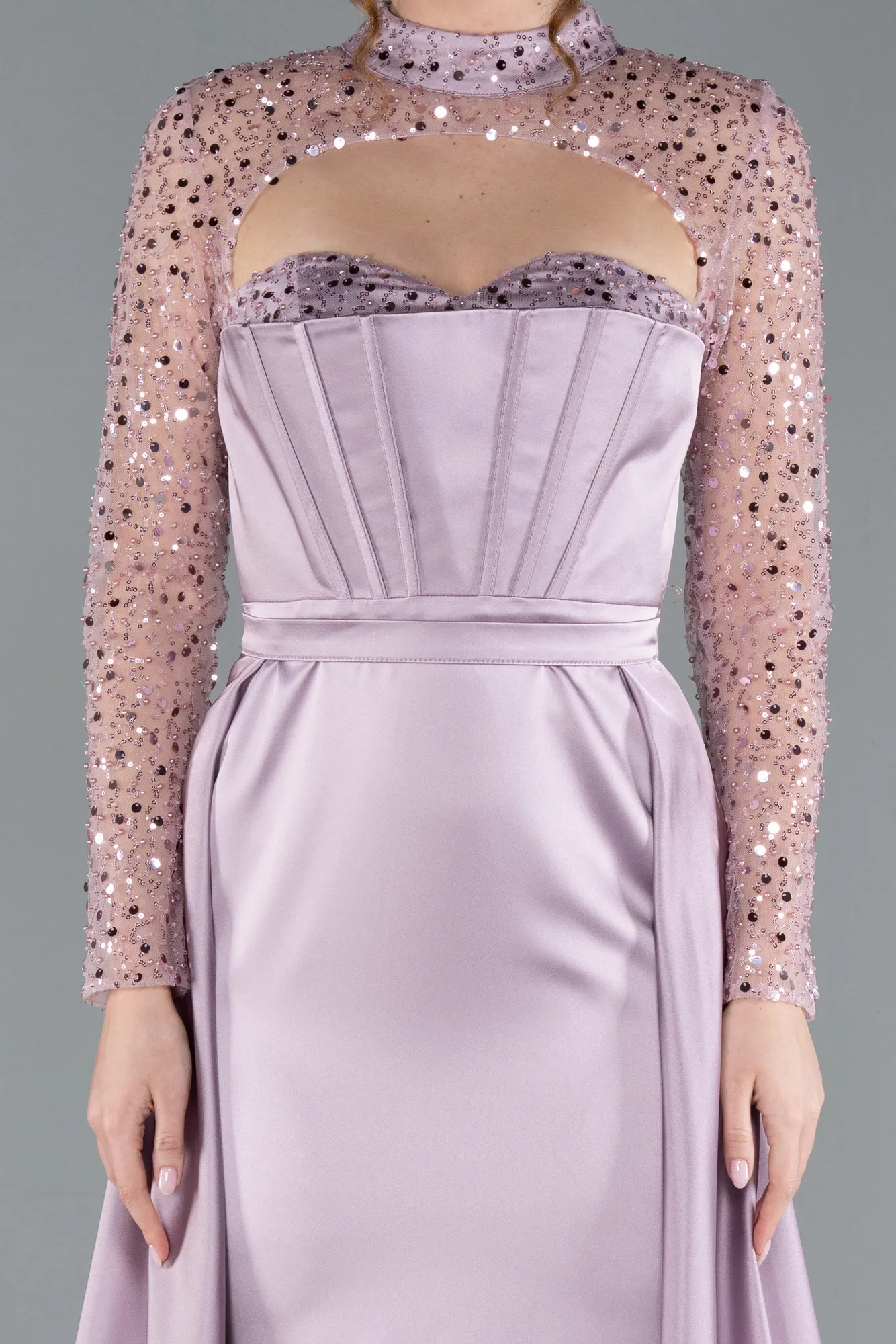 Light Lavender-Long Sleeve Bustier Detailed Sequin Train Satin Evening Gown ABU4765