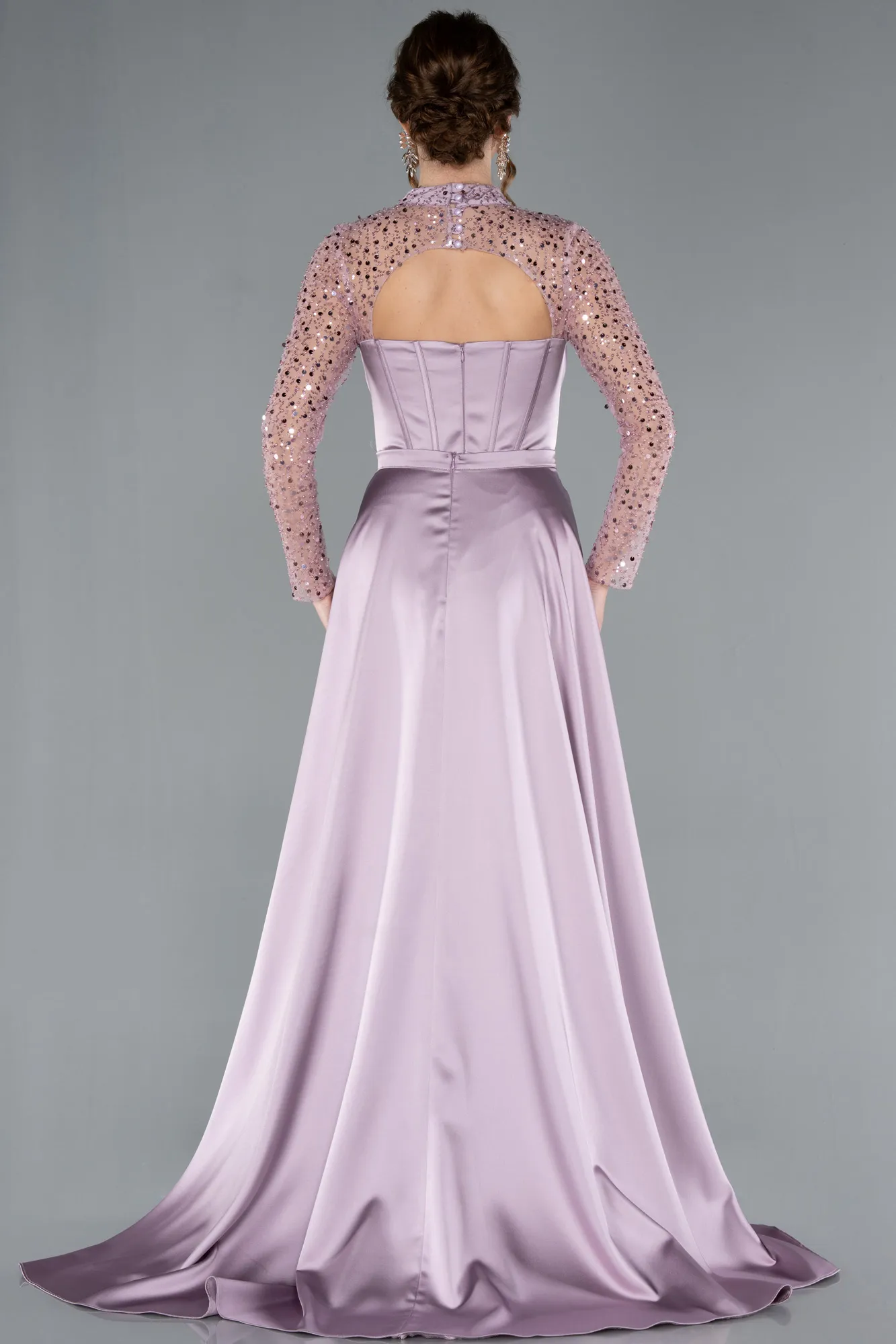 Light Lavender-Long Sleeve Bustier Detailed Sequin Train Satin Evening Gown ABU4765