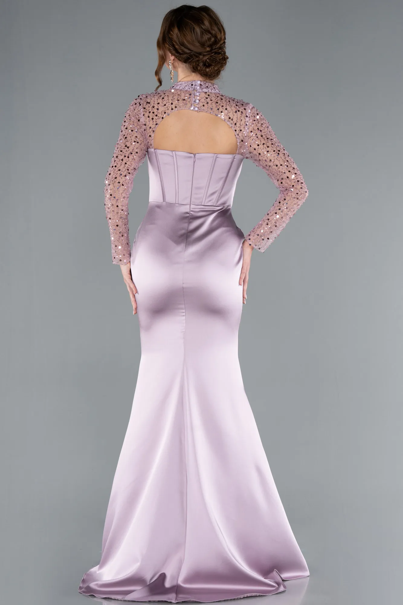 Light Lavender-Long Sleeve Bustier Detailed Sequin Train Satin Evening Gown ABU4765