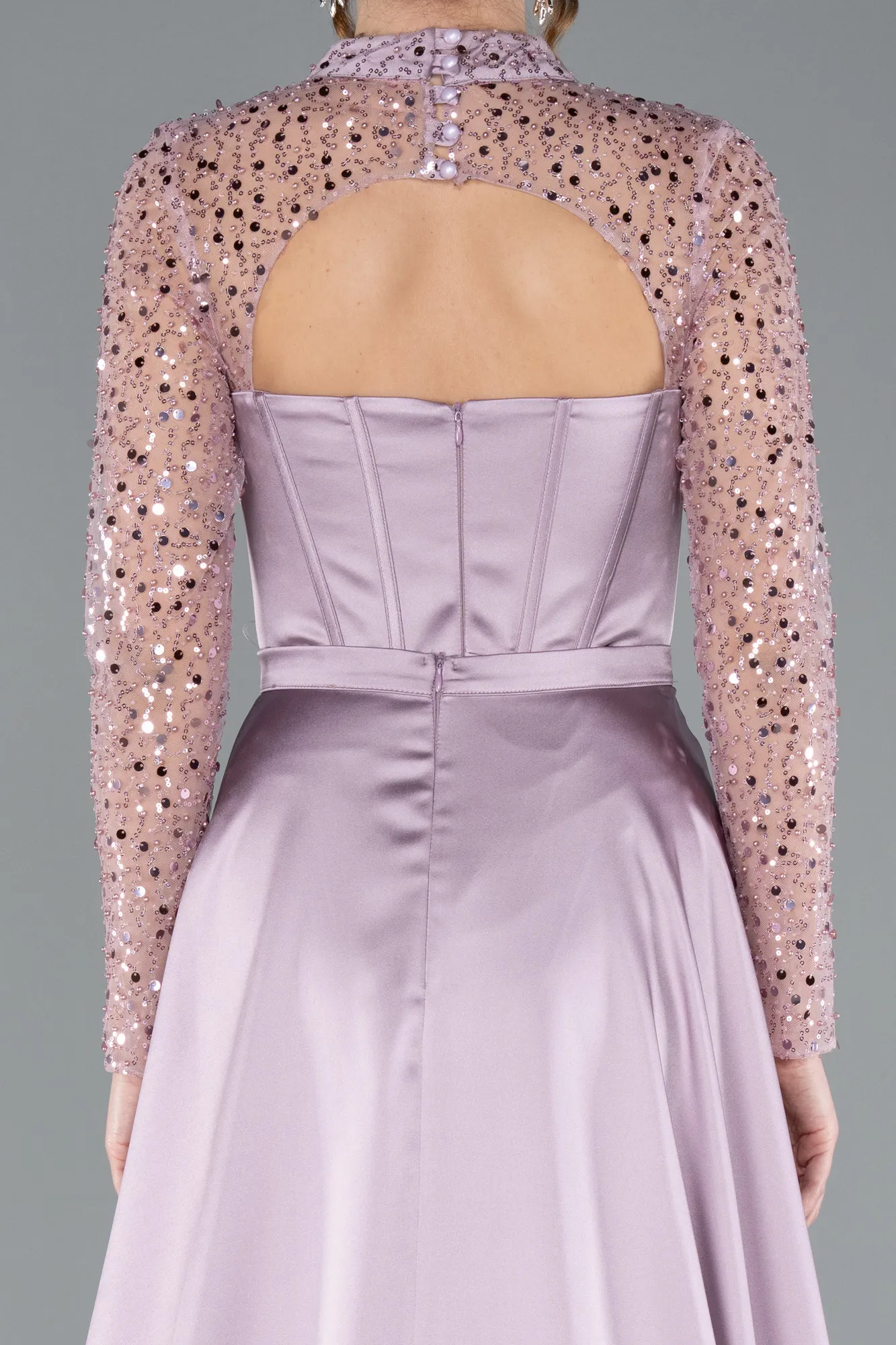 Light Lavender-Long Sleeve Bustier Detailed Sequin Train Satin Evening Gown ABU4765