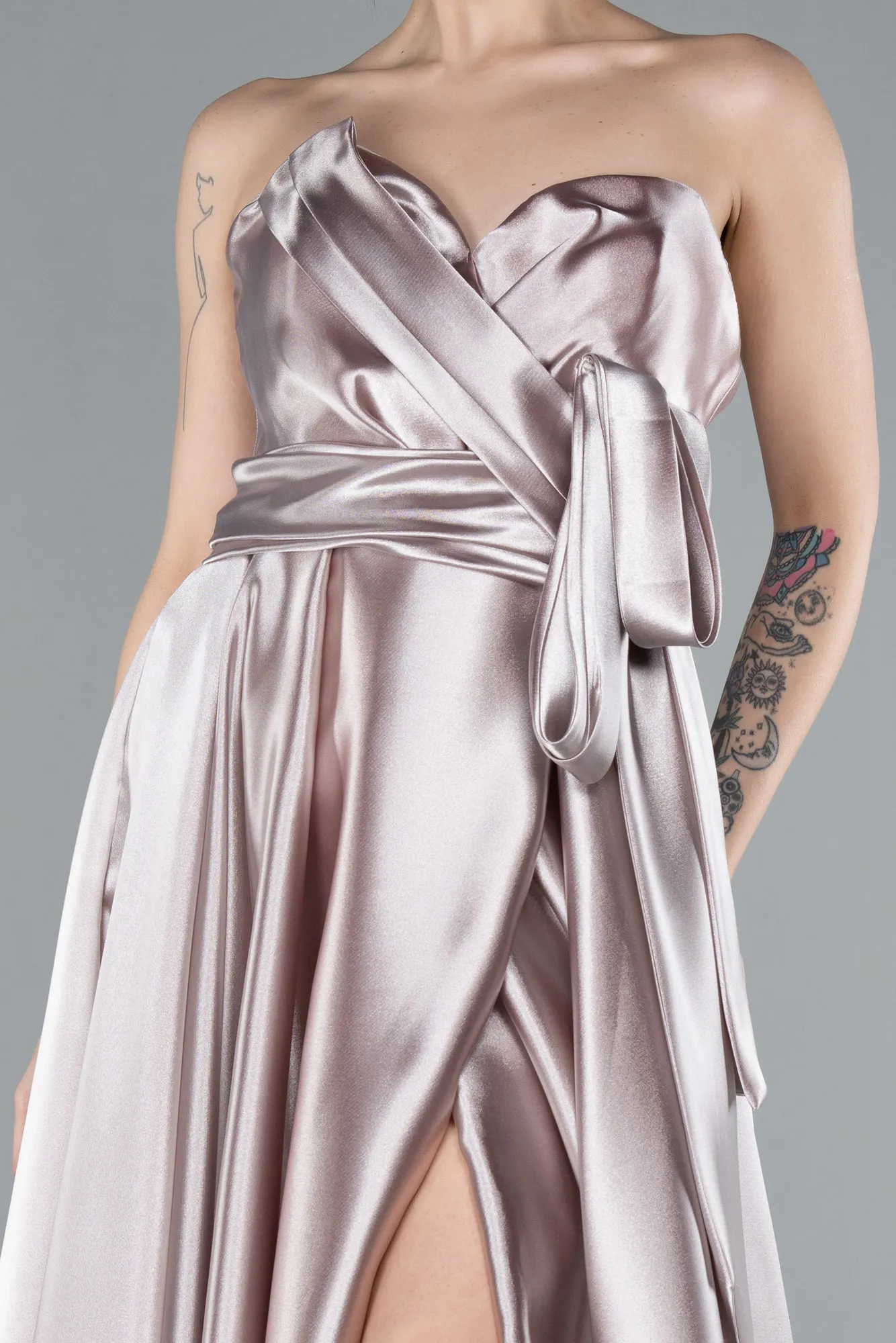 Light Lavender-Strapless High Slit Long Satin Graduation Prom Dress ABU4774