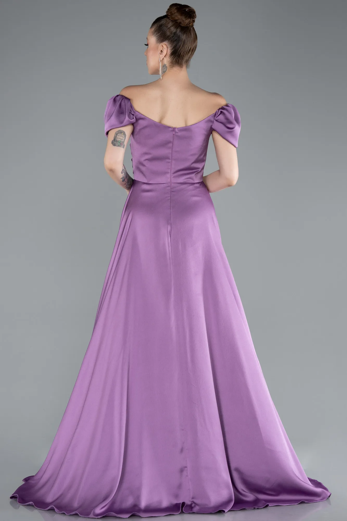 Lila-Boat Neck Slit Long Satin Prom Gown ABU4508