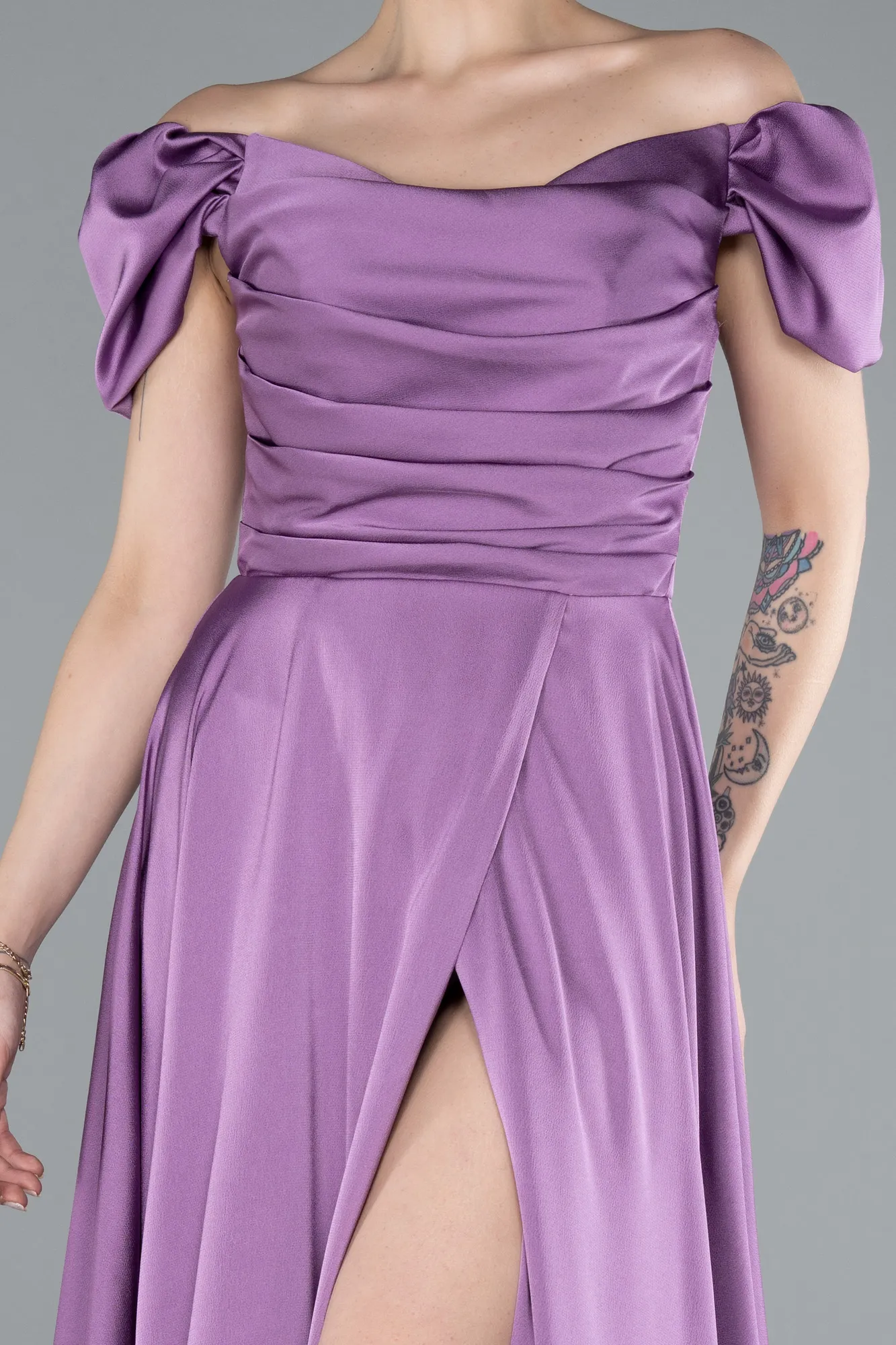 Lila-Boat Neck Slit Long Satin Prom Gown ABU4508