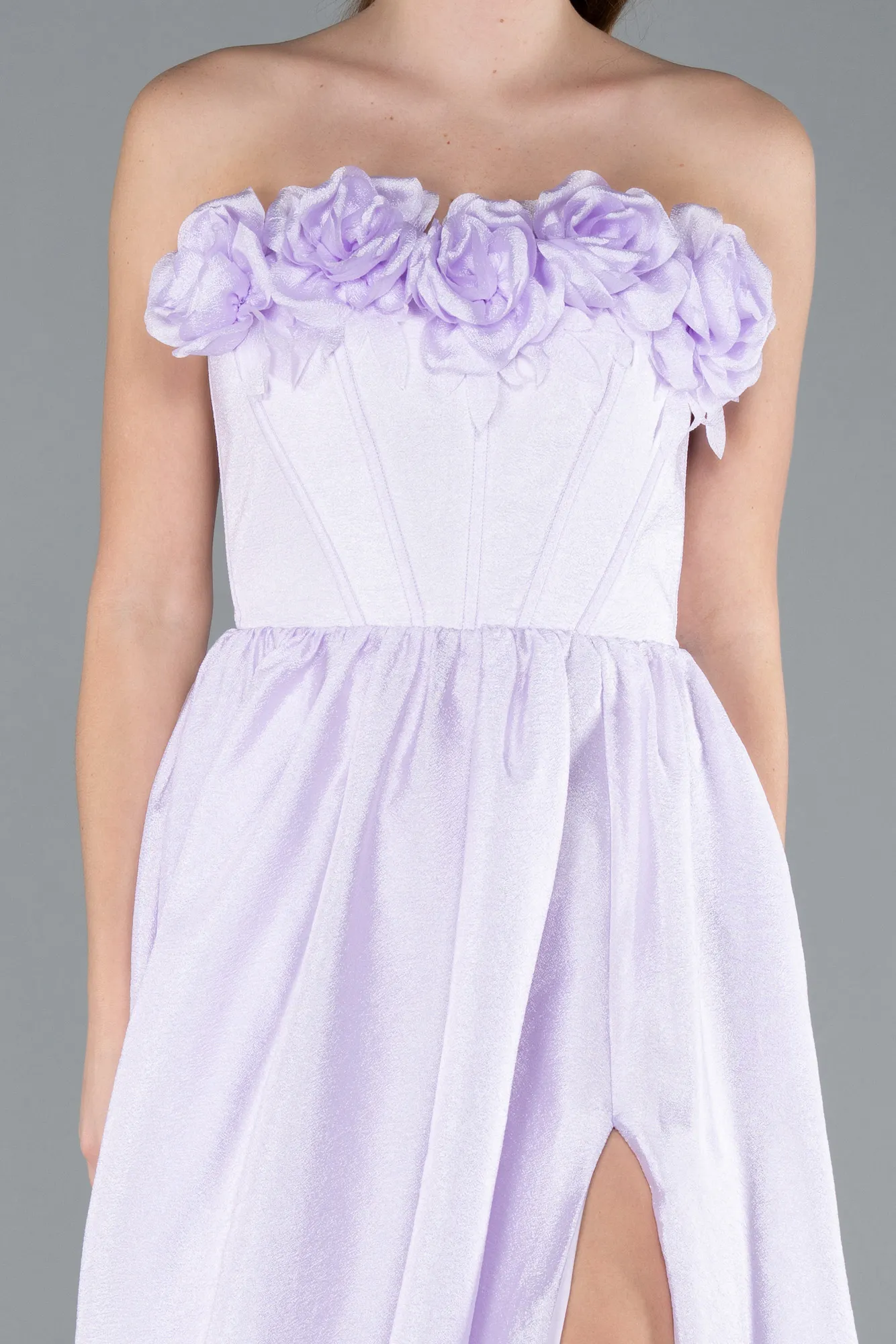 Lila-Floral Strapless Collar Slit Long Prom Gown ABU4337