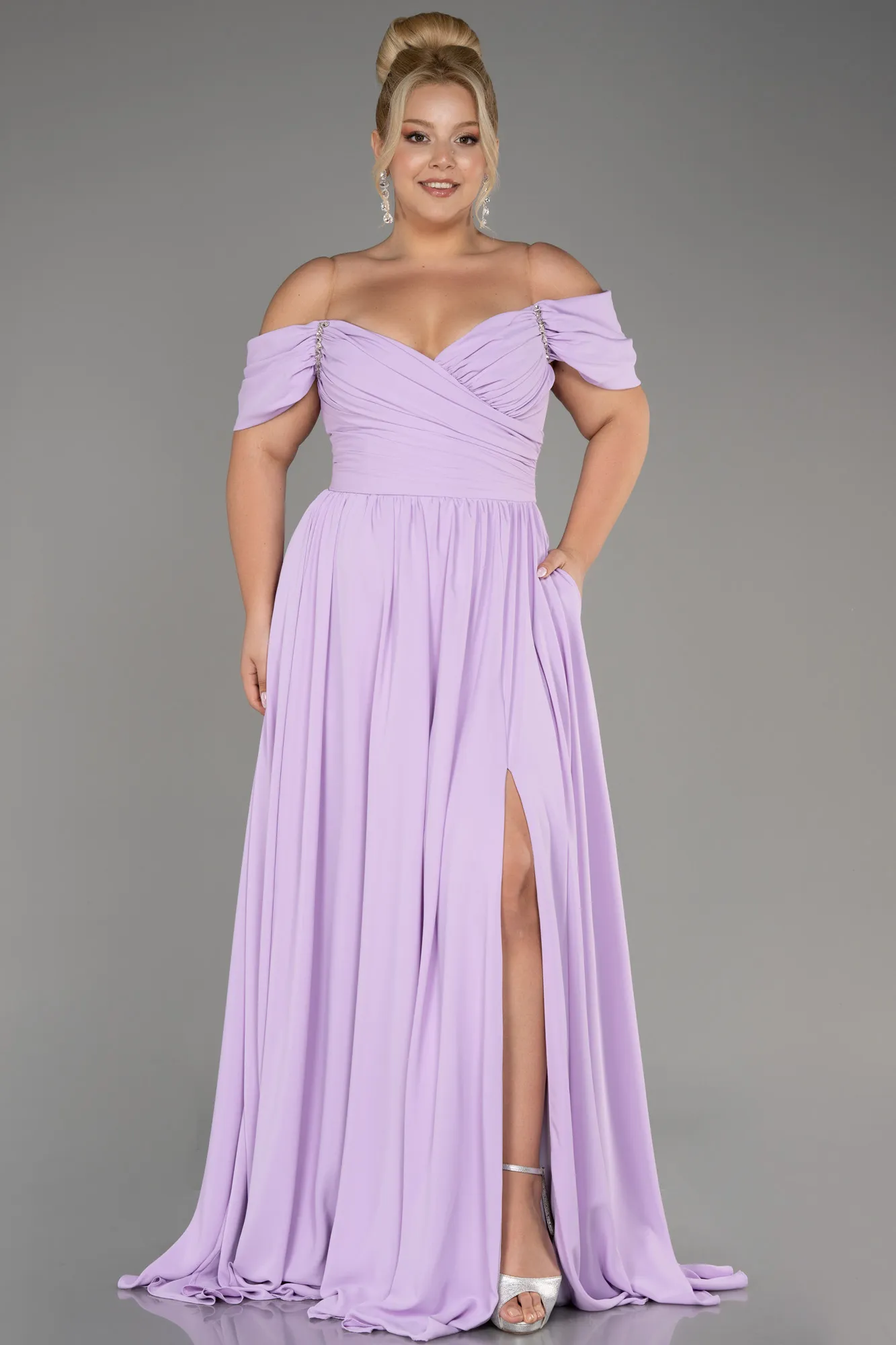 Lila-Boat Neck Long Chiffon Plus Size Prom Dress ABU3738