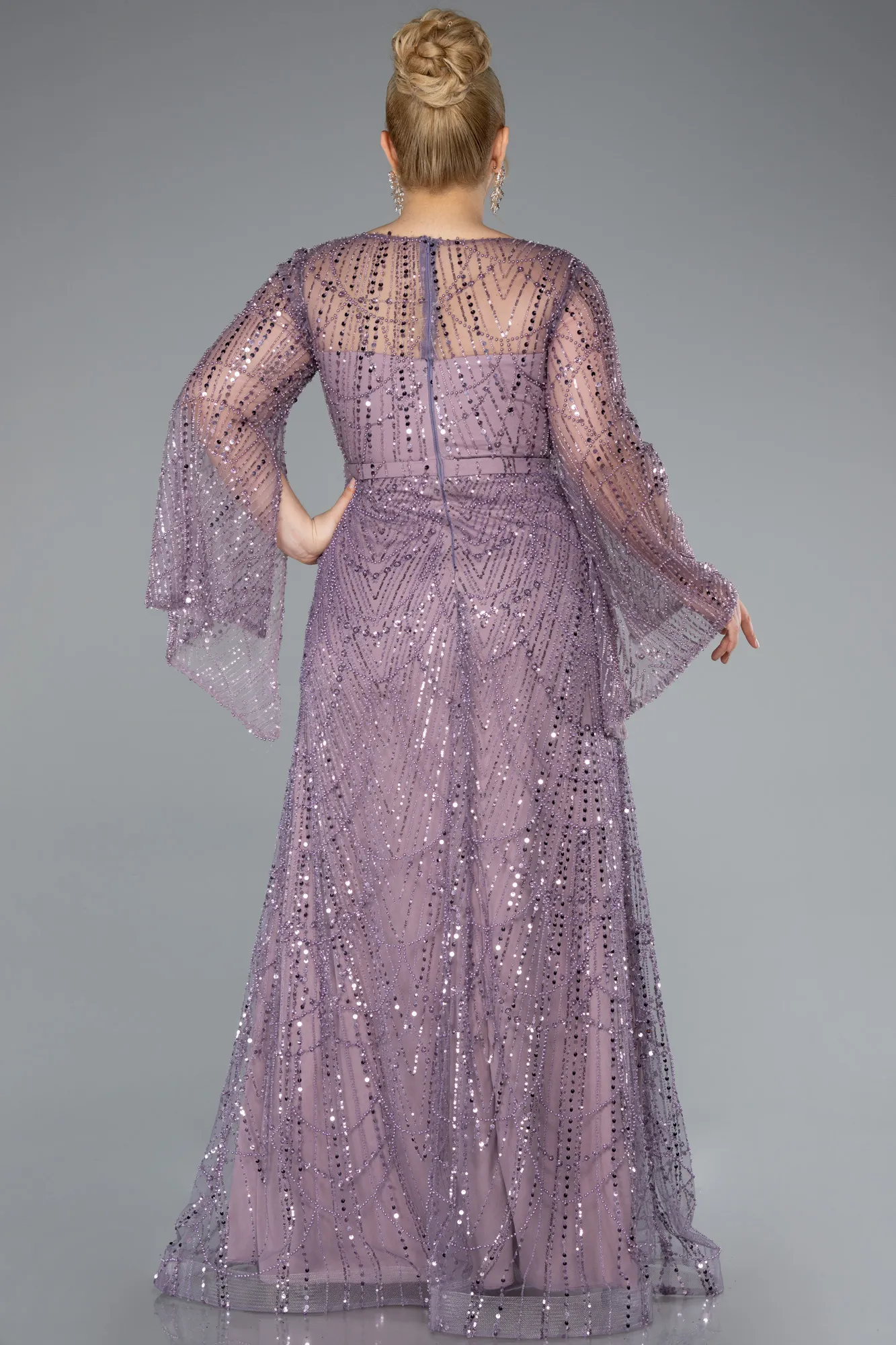 Lila-Long Sleeve V Neck Stoned Plus Size Evening Gown ABU4822