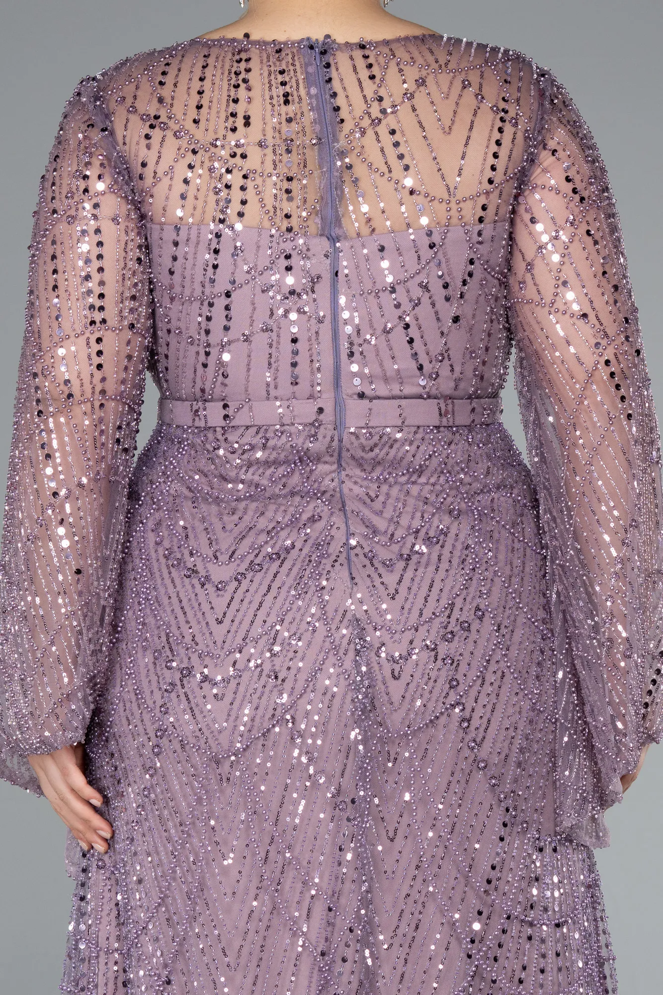 Lila-Long Sleeve V Neck Stoned Plus Size Evening Gown ABU4822