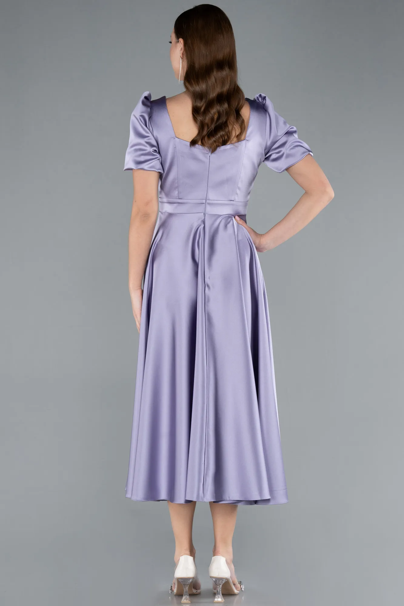 Lila-Short Sleeve Square Neck Midi Satin Cocktail Dress ABK2288