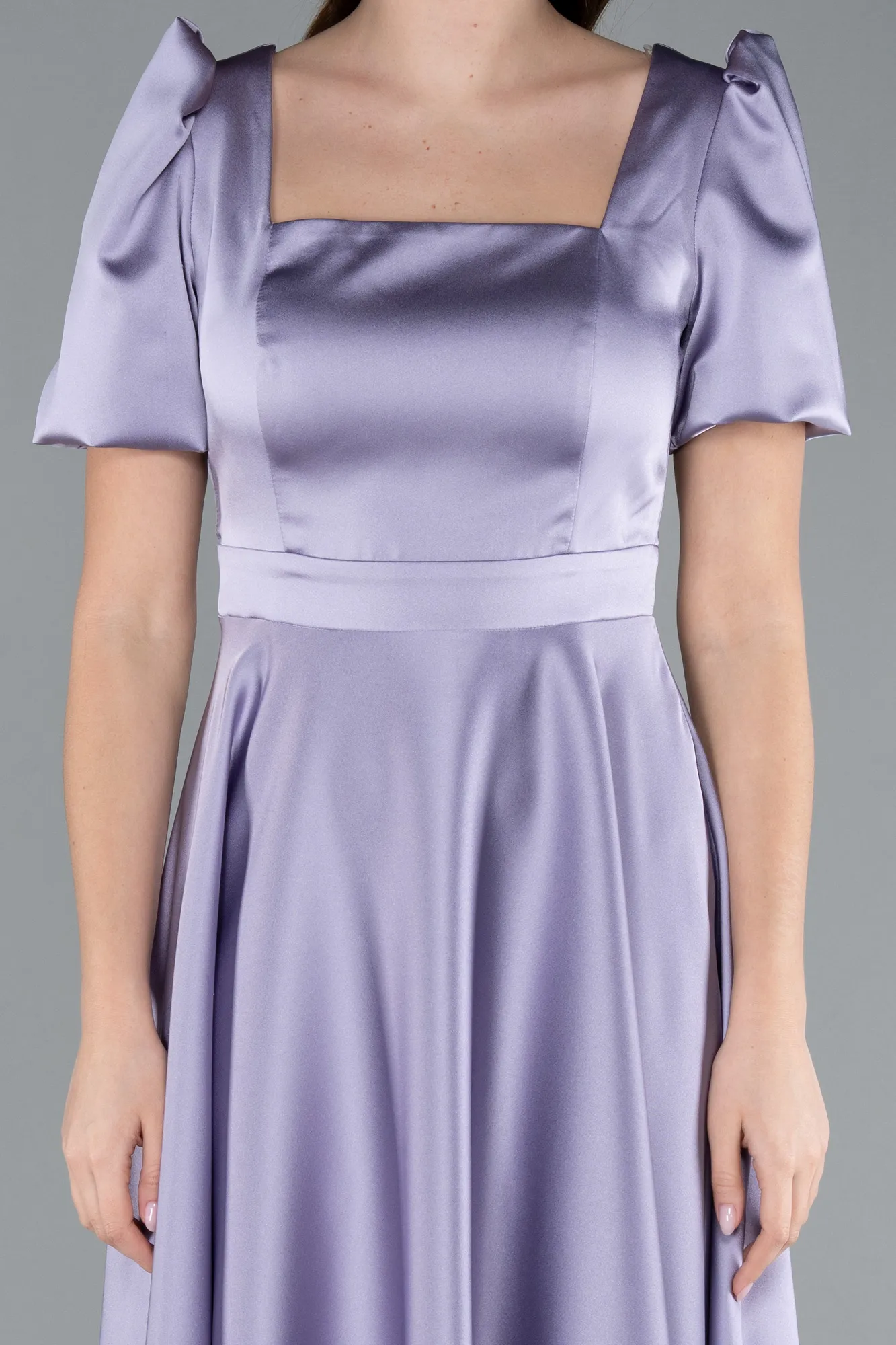 Lila-Short Sleeve Square Neck Midi Satin Cocktail Dress ABK2288