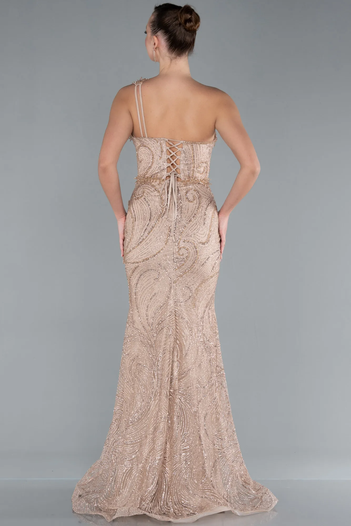 Mink-One Shoulder Slit Long Glitter Mermaid Evening Gown ABU4697