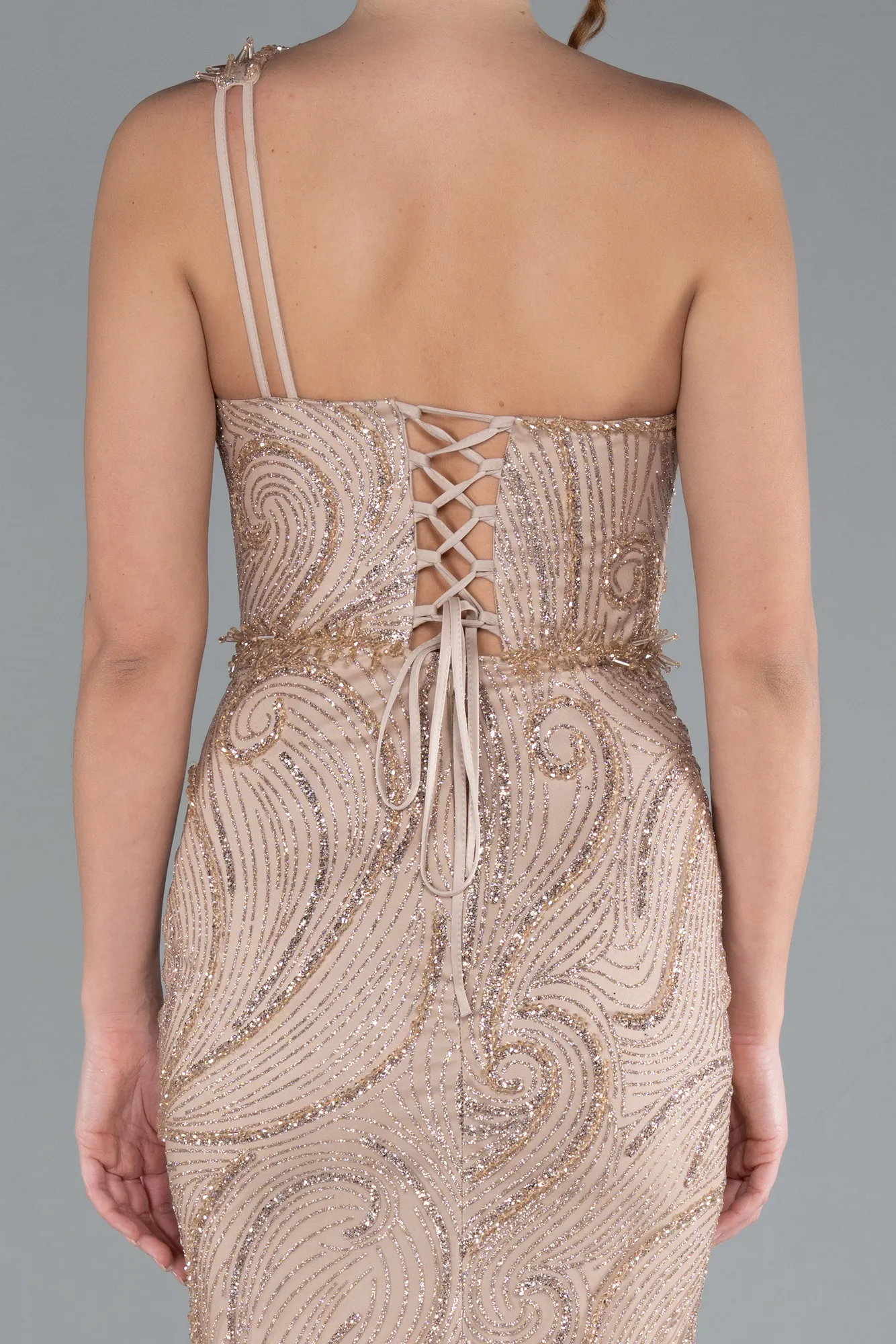 Mink-One Shoulder Slit Long Glitter Mermaid Evening Gown ABU4697