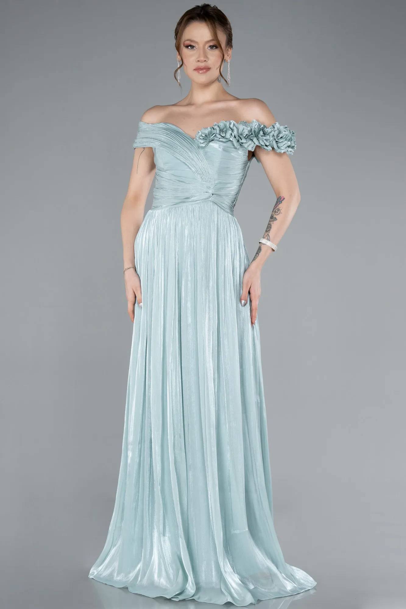 Mint-Boat Neck Long Chiffon Evening Dress ABU4807