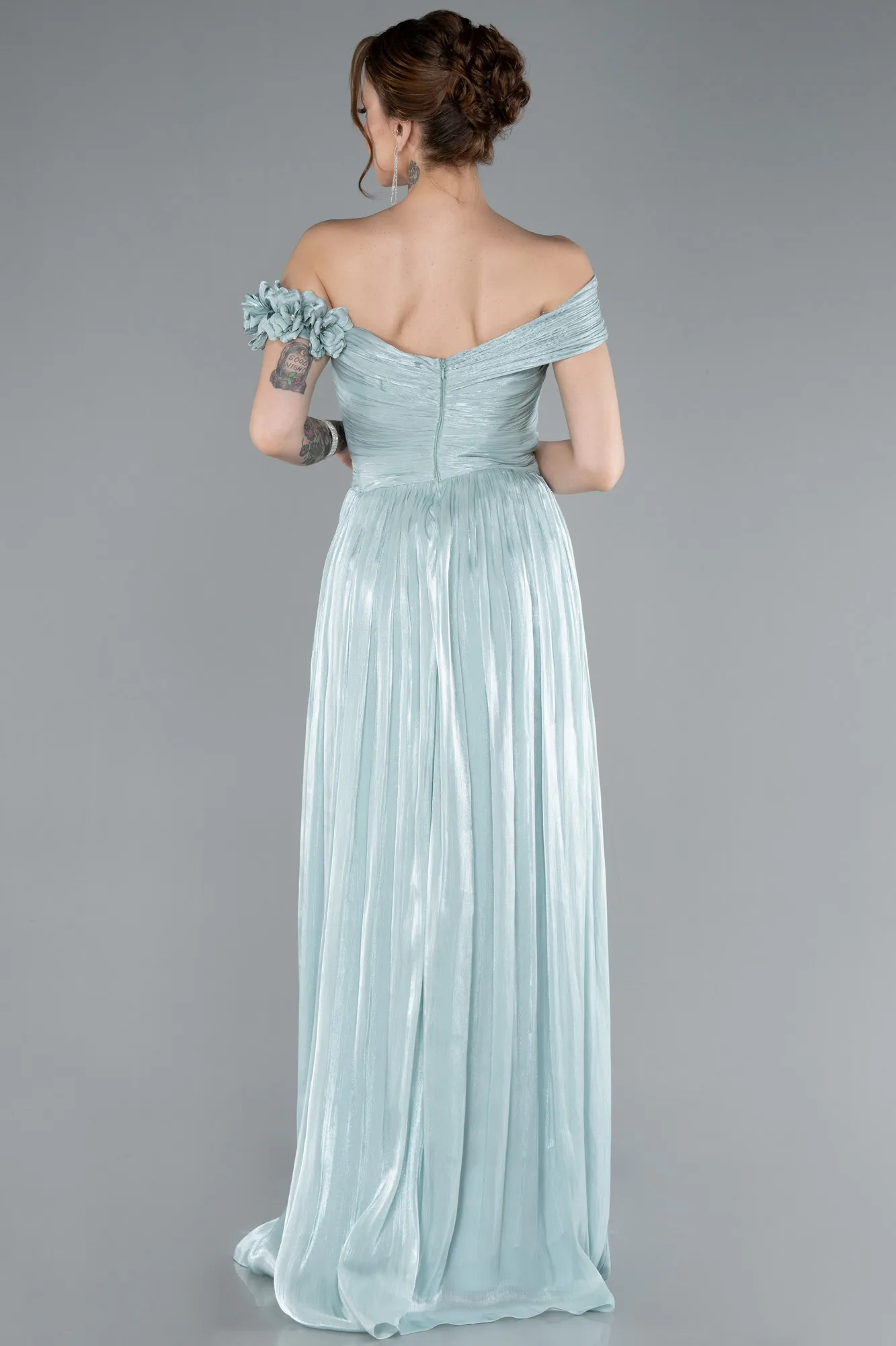 Mint-Boat Neck Long Chiffon Evening Dress ABU4807