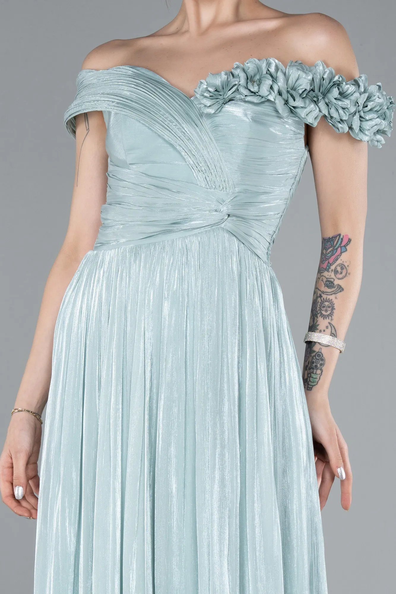 Mint-Boat Neck Long Chiffon Evening Dress ABU4807