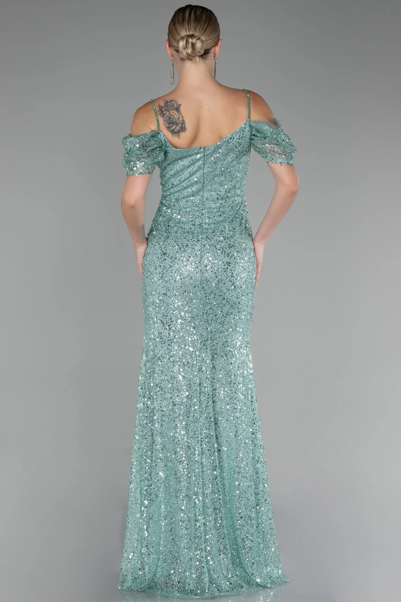Mint-Boat Neck Long Scaly Plus Size Evening Gown ABU4082