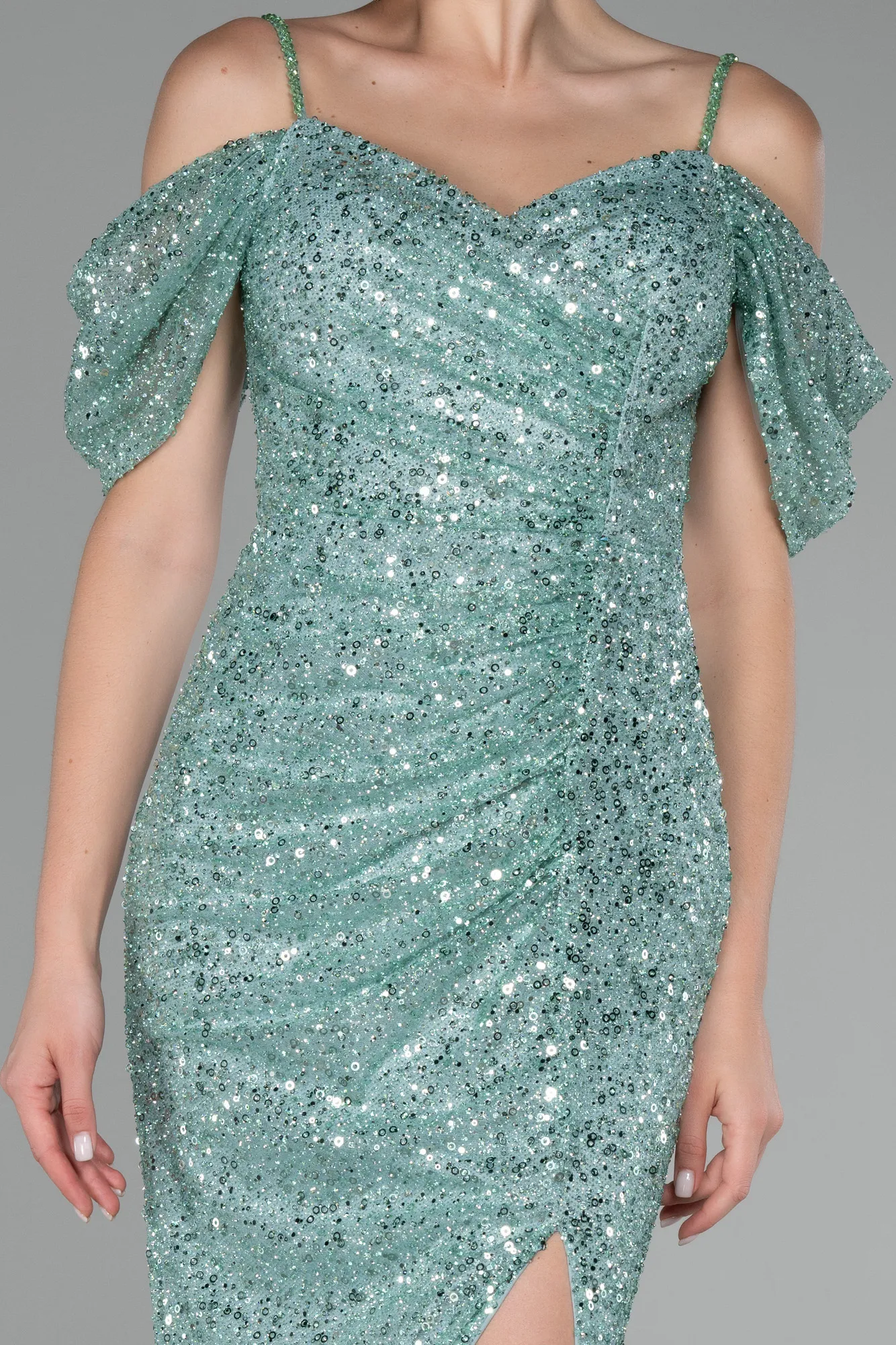 Mint-Boat Neck Long Scaly Plus Size Evening Gown ABU4082