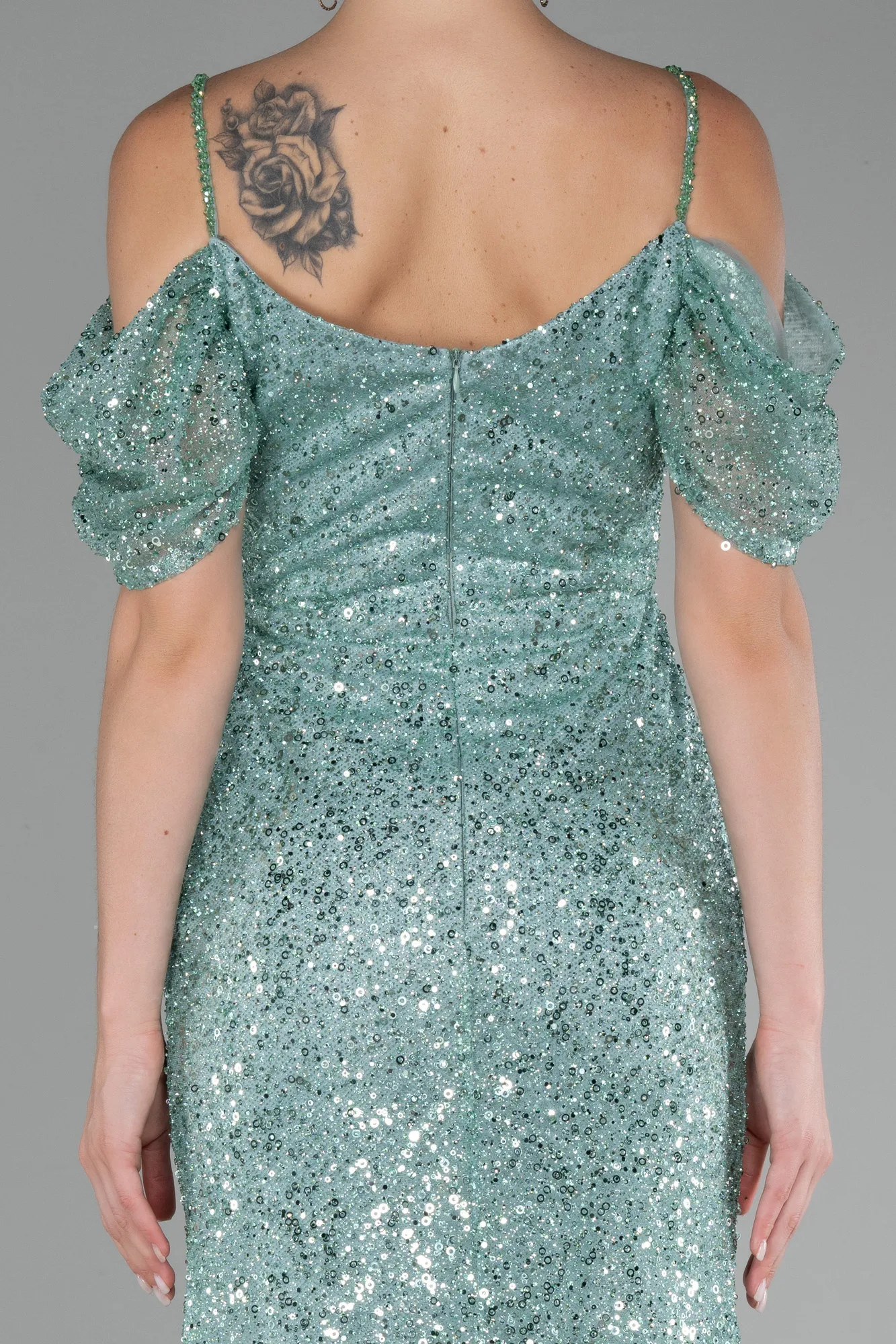 Mint-Boat Neck Long Scaly Plus Size Evening Gown ABU4082