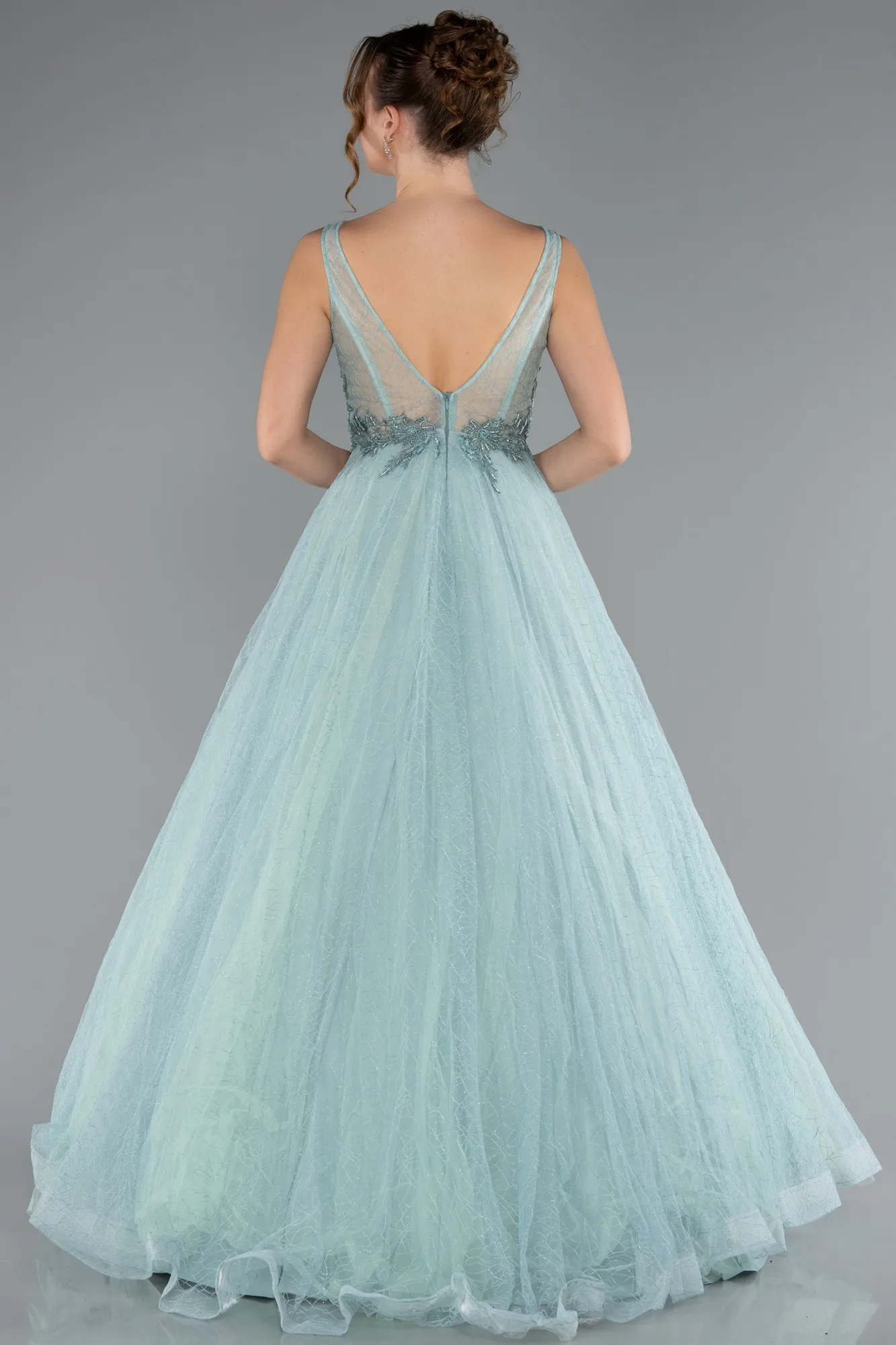 Mint-Embroidered Bodice Dusty Rose Tulle Evening Gown ABU2131