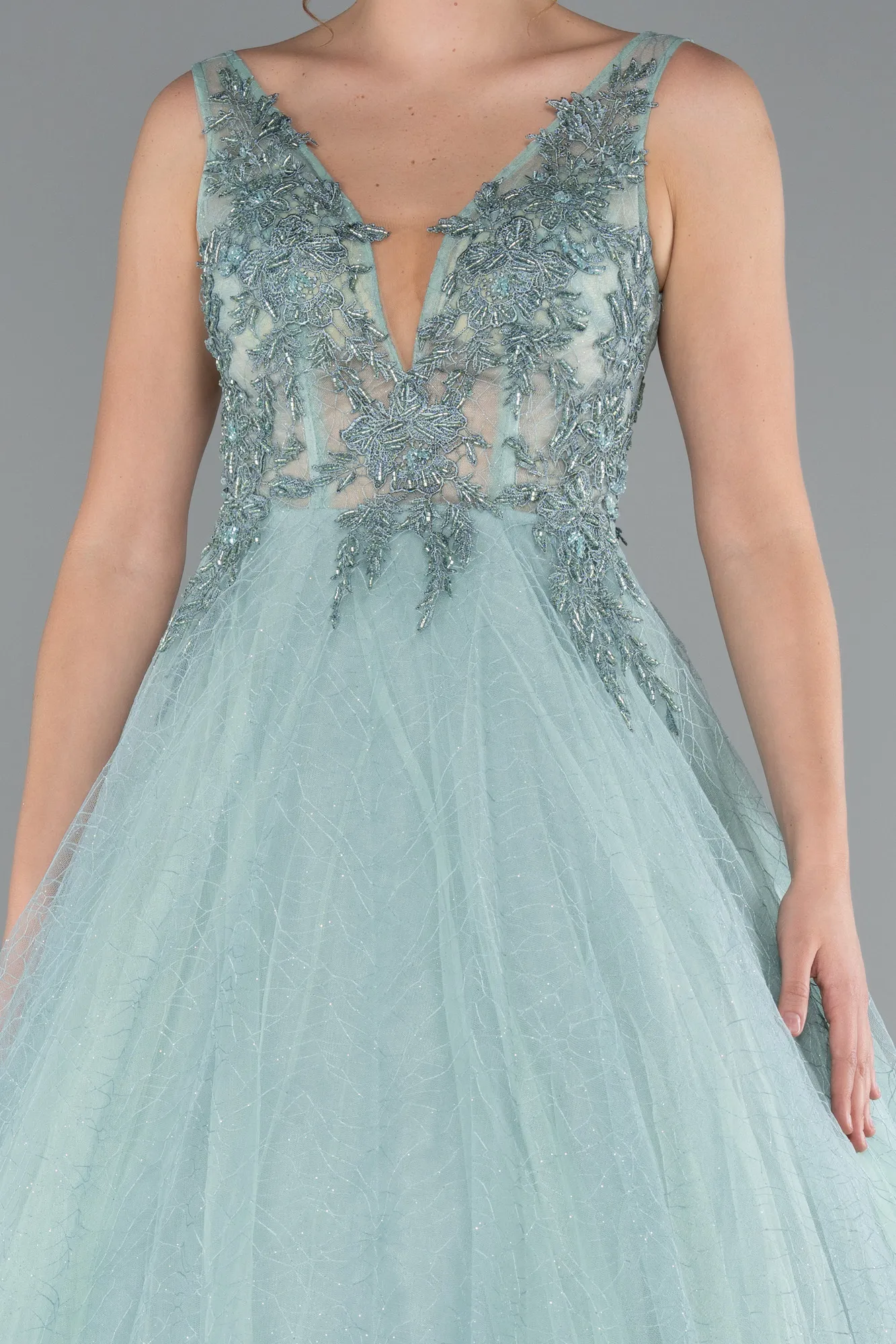 Mint-Embroidered Bodice Dusty Rose Tulle Evening Gown ABU2131