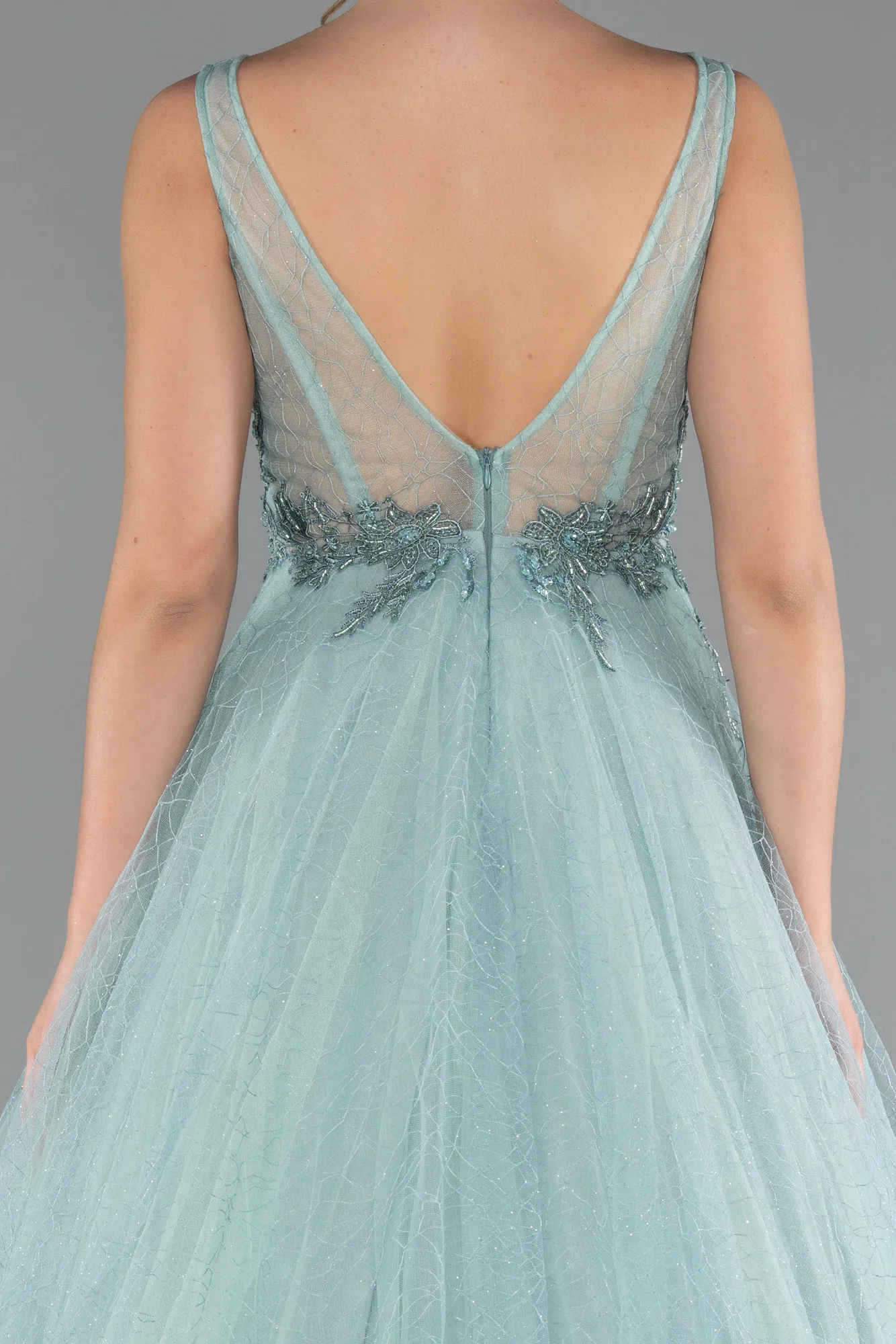 Mint-Embroidered Bodice Dusty Rose Tulle Evening Gown ABU2131