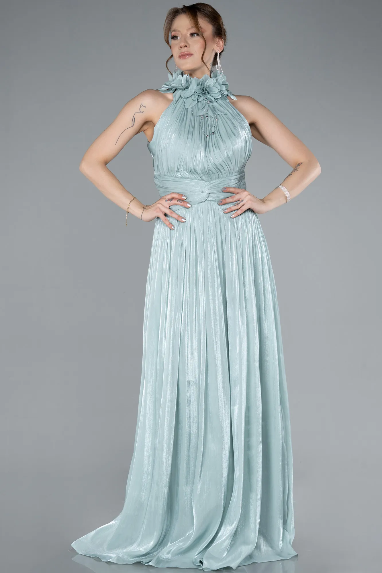 Mint-Halter Neck Long Chiffon Evening Dress ABU4811